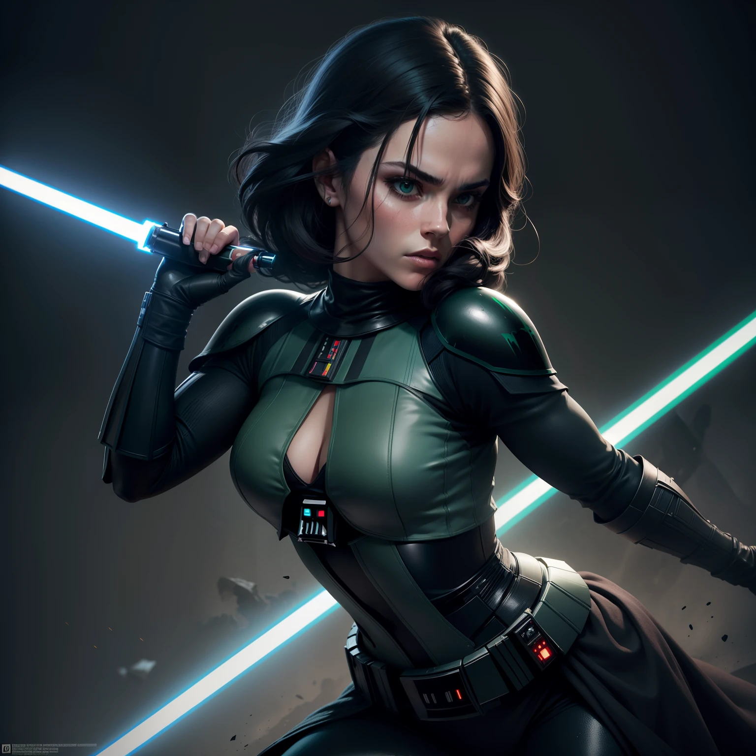 Retrato cuerpo entero, de dark vader (star wars) Mujer hermosa con grandes senos y gran trasero, using a green lightsaber, pose de batalla, muy detallado cg, textura detallada, hiperrealista, 8 k resolution, cinematography lighting