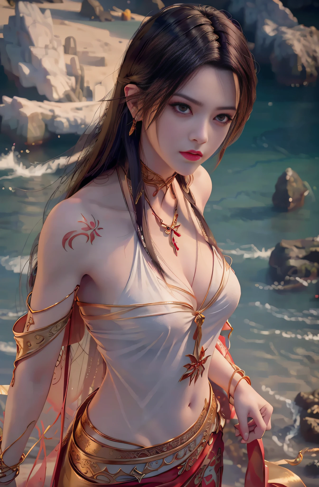 (RAW Photo, Best Quality), (Realistic, Photo Realistic: 1.3), Best Quality, Highly Detailed, Masterpiece, Hyperdetail, Illustration, 1 Girl, upper_body, Dynamic Angle, ((Beach)), messy_long_hair, Best Quality, Extremely Detailed CG Uniform 8k Wallpaper, Ink, Amazing, Cinematic Lighting, lens_flare,dunhuang_style