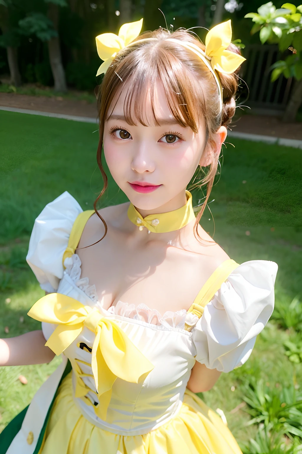 top-quality、超A high resolution、(Photorealsitic:1.4)、女の子1人、White and yellow idol costumes、Choker with white ribbon、(yellow-green hair:1)、Bun hair tied in two upper buns、a closeup、8k、a beautiful detailed girl