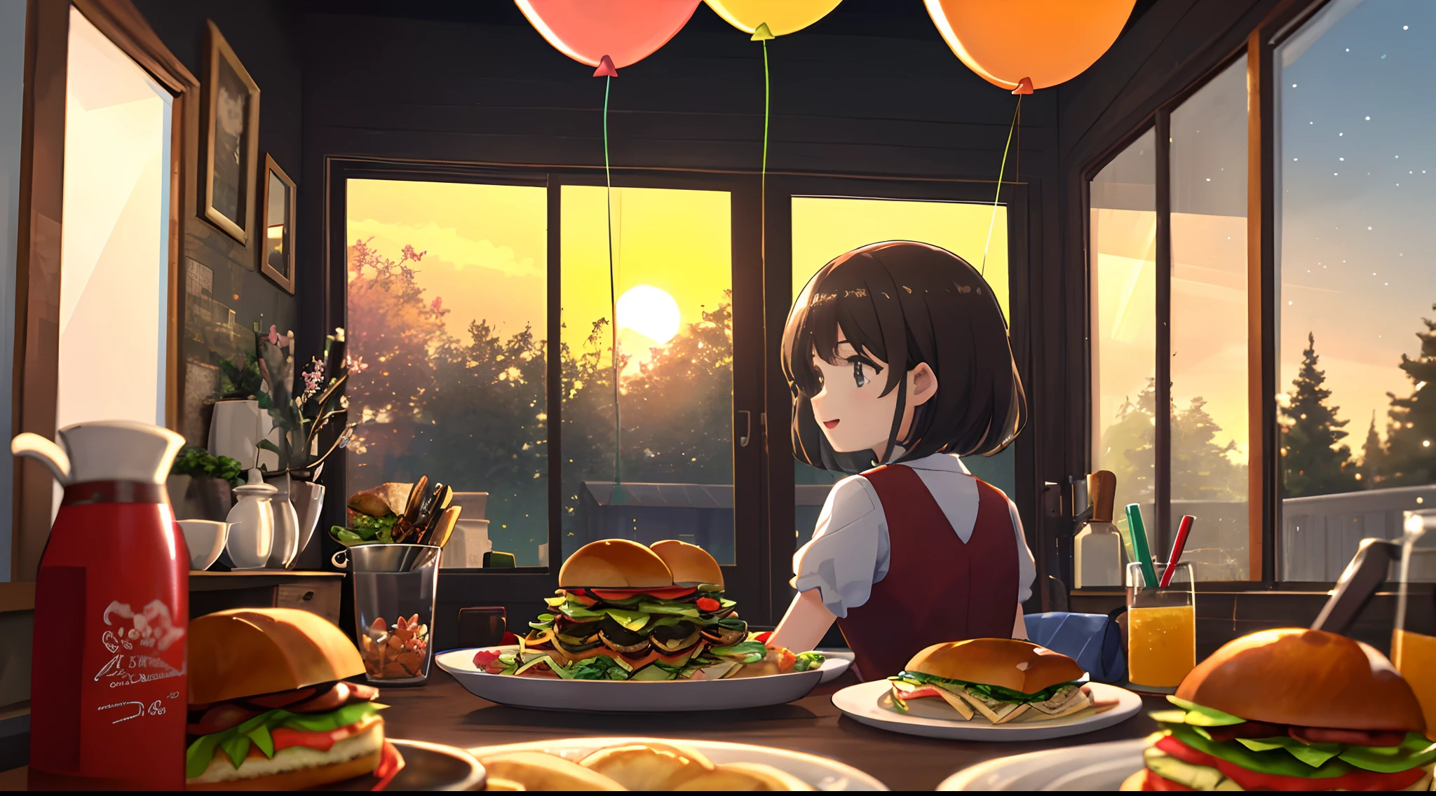 A cute ,There are a lot of good food in front of him,delicacies,dining room,Sandwiches,Many balloons,cheerfulness,rejoice,festive atmosphere,the setting sun,The light from the back window is backlighted,Perfect quality,Clear focus(Clutter - home:0.8), (tmasterpiece:1.2) (realisticlying:1.2) (bokeh) (best qualtiy) (detailedskin:1.3) (complexdetails) (8K) (detailedeyes) (Sharp focus),(having fun)