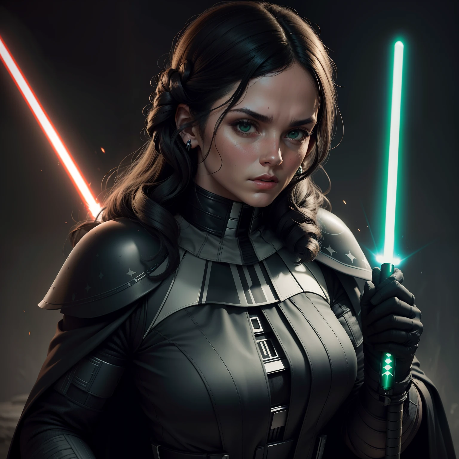 Retrato cuerpo entero, de dark vader (star wars) Mujer hermosa con grandes senos y gran trasero, using a green lightsaber, pose de batalla, muy detallado cg, textura detallada, hiperrealista, 8 k resolution, cinematography lighting