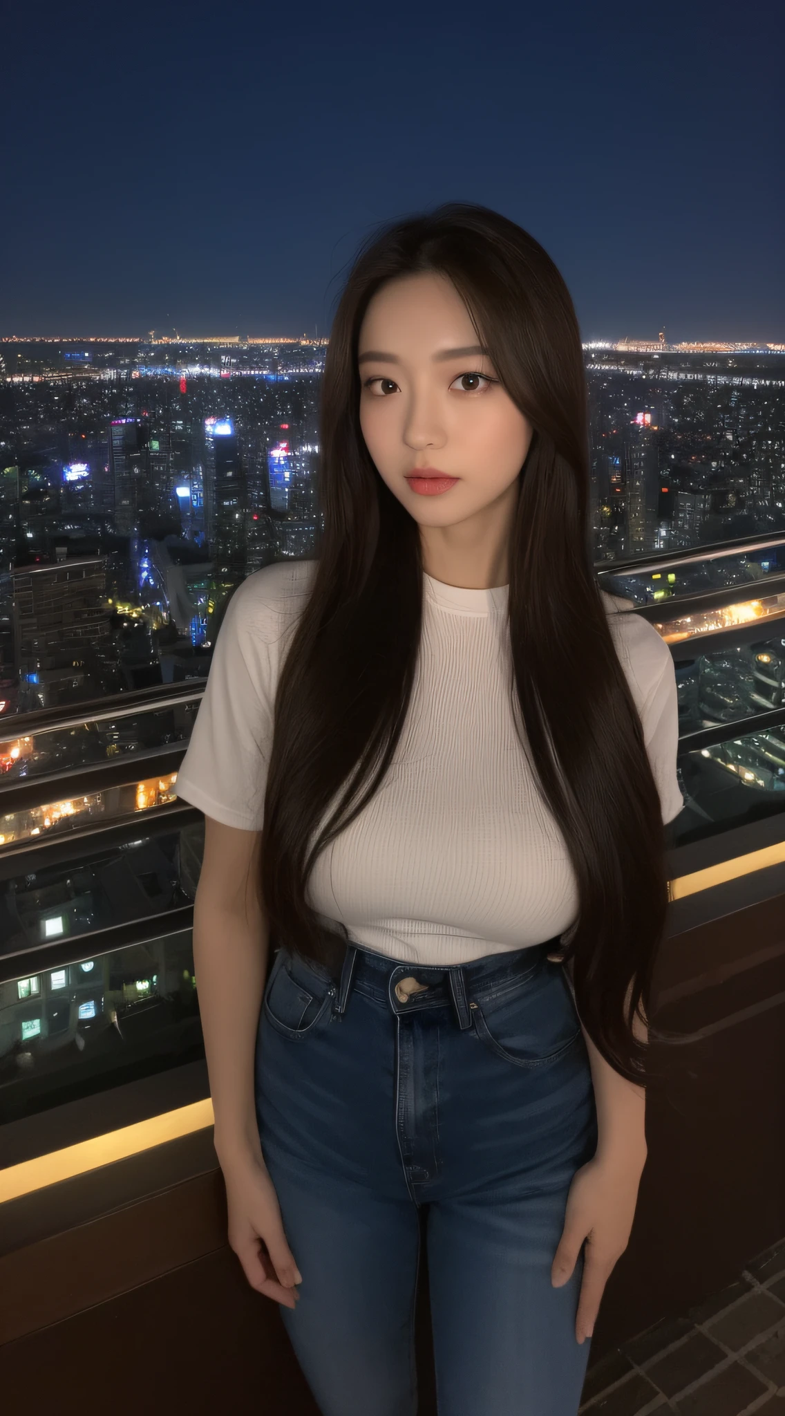 ((Midnight, Best quality, 8k, Masterpiece :1.3)), Whole body, Long legs, Sharp focus :1.2, A pretty woman with perfect figure :1.4, Slender abs :1.1, ((Dark brown hair,Gigantic breasts :1.2)), (White tight tshirt, Jean bib, Standing:1.2), ((Night city view, Rooftop:1.3)), Highly detailed face and skin texture, Detailed eyes, Double eyelid