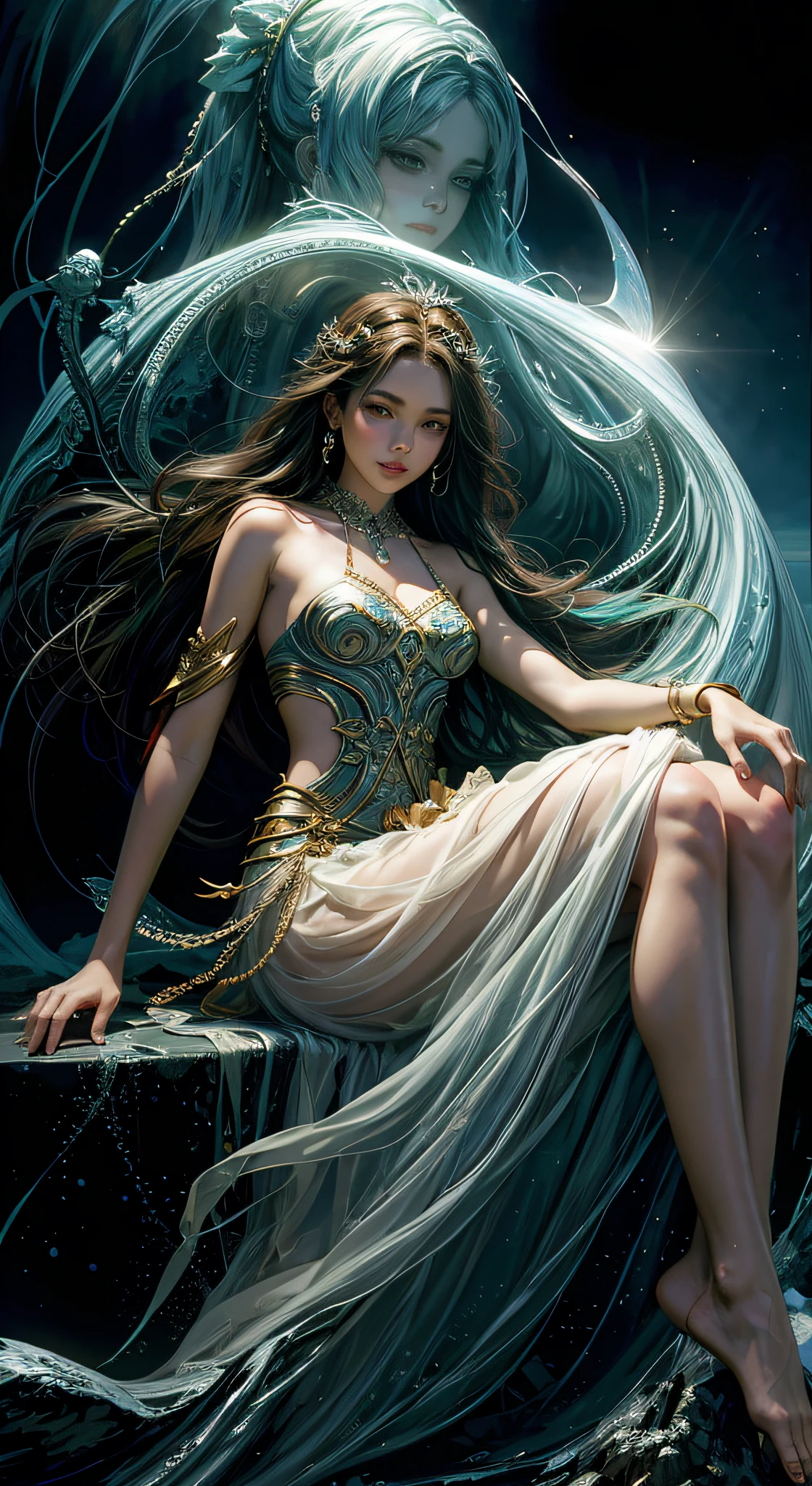 1girll,big breasts beautiful,Magic style,Best quality at best,tmasterpiece,(rainbow-candy:0.8),(A half body:1.3),the ocean,cold shades,low-saturation,Semi- seductive style