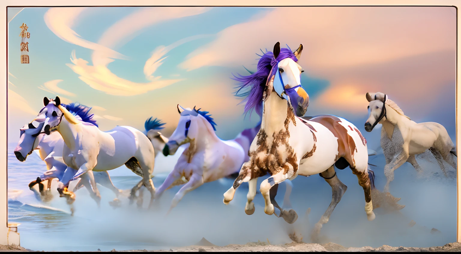 8 horses，Ultra-grand scenes，super wide shot，1#cavalos，2#cavalos，3#cavalos，4#cavalos，5#cavalos，6#cavalos，7#cavalos，8#cavalos。Eight extremely special and rare horses surround each other，A large herd of horses galloped ahead，Gallop across the steppe like a clock。The vast plains of the epic scene are rich in aquatic plants，In the distance is the snow-capped summit of Mount Everest，Snow creek flows into the sea，At the other end is the magnificent giant city，The horse team entered and exited from the city gate。The Lightcast Pegasus from the Supreme Heaven has a rainbow aperture from the Supreme Heaven，She rides between light and pure，No additional ornaments are needed to highlight her dignity and holiness，Even the sky showed her a clear sky，She has a deep enmity with the nightmare heavy ride from hell，The two never put their heads next to each other，Surrounded by sulphurous flames, the Hellmare Heavy Ride makes every time a horse's hooves fall, stepping flat grass out of the lava from the ground，The sky in the steppe is brighter，It makes the earth deeper。The wind wings of the wind elf horse let its position be erratic，She carries a cyan aperture lightly and always can't help but tease the mechanical horse，The mechanical horse is full of mecha beauty，The shoulder back position always reveals delicate mechanical fittings，Four kicks with a hydraulic pump and electromagnetic ejection device。Unicorns want to steal all horses from their pure and flawless beauty，But on the side, the fairy dragon horse is comparing with it，Their unique elven-patterned armor and colorful saddles make them the most stylish horses。The female knight is charging on her knightly warhorse，Her lofty ideals made her will unstoppable，There is no doubt that she is the protagonist of this picture。And a chaotic horse from uncharted territory，It blends in and has a weird style and chaotic colors that are almost unimaginable，This gives the whole picture an extremely dangerous uncertainty，The slightest mistake c
