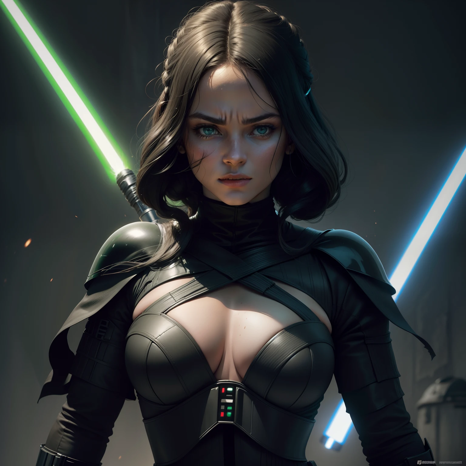 Retrato cuerpo entero, de dark vader (star wars) Mujer hermosa con grandes senos y gran trasero, using a green lightsaber, pose de batalla, muy detallado cg, textura detallada, hiperrealista, 8 k resolution, cinematography lighting