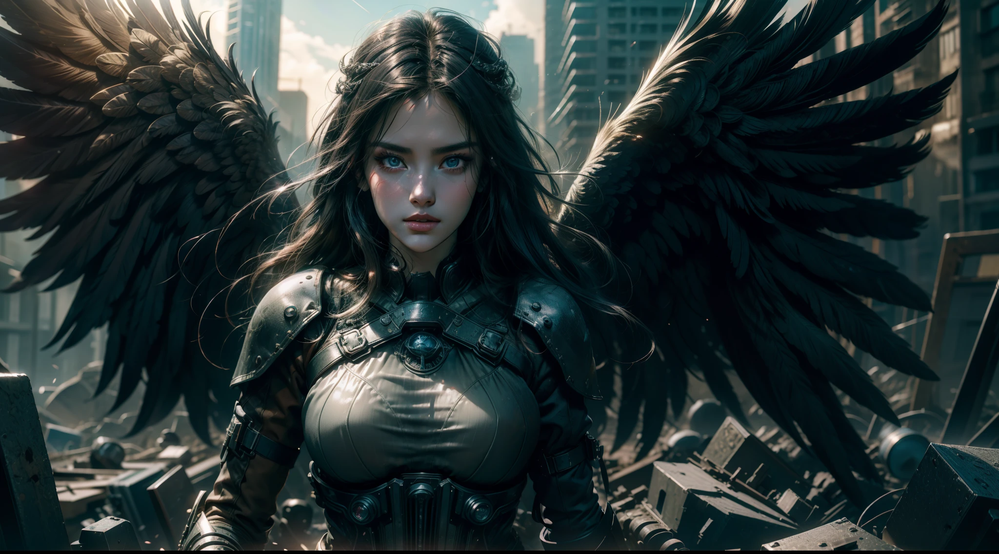 ((best qualtiy)), ((tmasterpiece)), ((Realistis)), (A detailed), (realisticlying:1.5),illusory engine, (High detail: 1.9),(femele:1.4),(big breasts beautiful: 1.4),(carismatic:1.3), (Large breasts), Female angel,Black feathered wings,beuaty girl,beauitful face, looking at viewert, dynamicposes, postapocalyptic, Destroyed city background,hdr, Ray traching, NVIDIA RTX, Hyper-Resolution, Unreal 5, sub surface scattering, PBR textures, Post-processing, Anisotropic filtering, depth of fields, Maximum clarity and sharpness, trichotomy,8K original,(Luminous Particle:1.4),(VerydetailedCG,Unity 8k壁纸,cinmatic lighting,lens flare glow),Reflectors,Sharp focus,black toga,Raised sexy