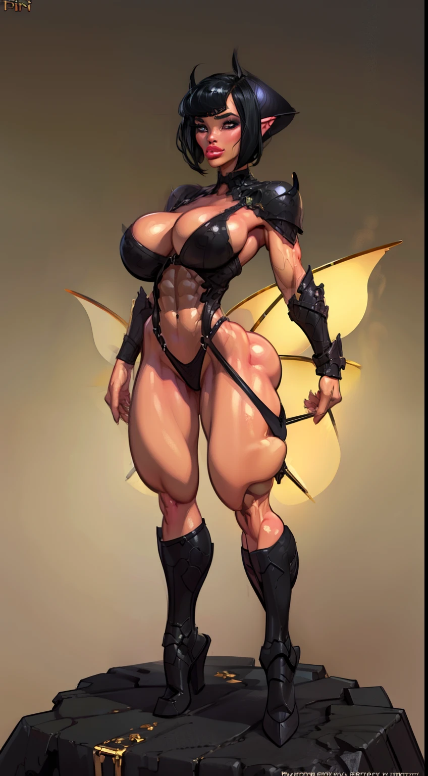 1girl, sehele style, anime style, (((dark elf))) (((peach skin:1.0))) and (((smoldering eyes))). Her ((pixie cut:1.8)), pixie cut, forehead exposed, ((black hair)), 8k, 4k, Unreal Engine 5, octane render, trending on pixiv, fanbox, skeb, (((gold knight armor))), masterpiece, ((8 pack abs:1.2)),(huge breasts:1.4), (full bodied), wide hips, (full lips:1.5), smooth soft skin, big dreamy eyes, beautiful intricate, anime wide eyes, soft lighting, concept art, digital painting,
