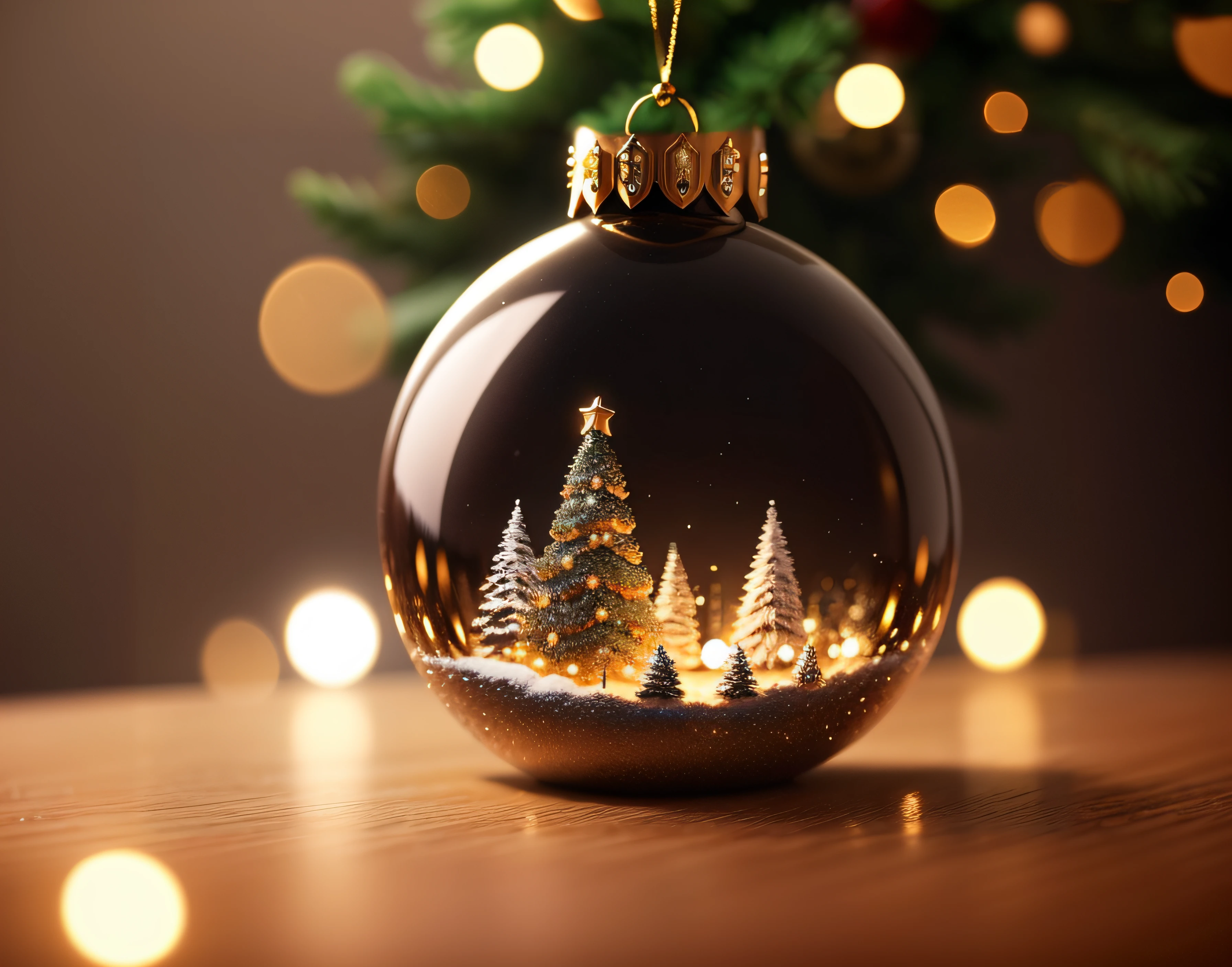 There is a Christmas ornament with a tree inside, There are a lot of thin ornaments, Inside the snow globe, A hyper-realistic, Snow globe, decorated ornaments, Ultra-detailed decoration, Snow globe, bokeh in the background only, shutterstock, with a tree in the background, The Tree of Life in a Ball, 3D with depth of field