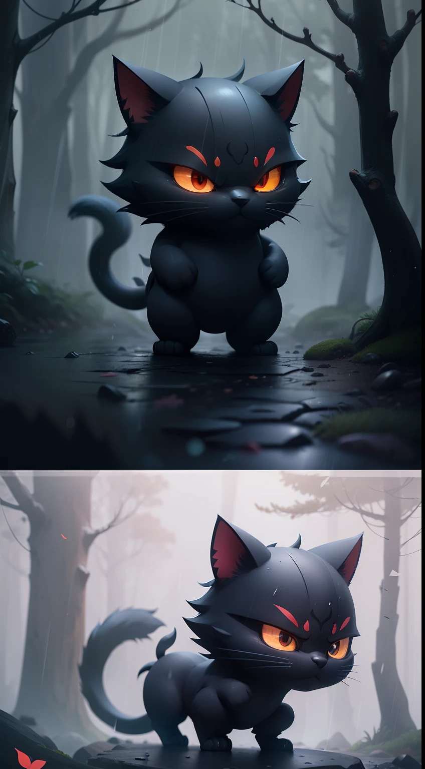 Create a vibrant dark fantasy cute ninja cat in a clean-lined minimalistic cartoon style, in the background a beautiful forest, rain, octane render, 8k