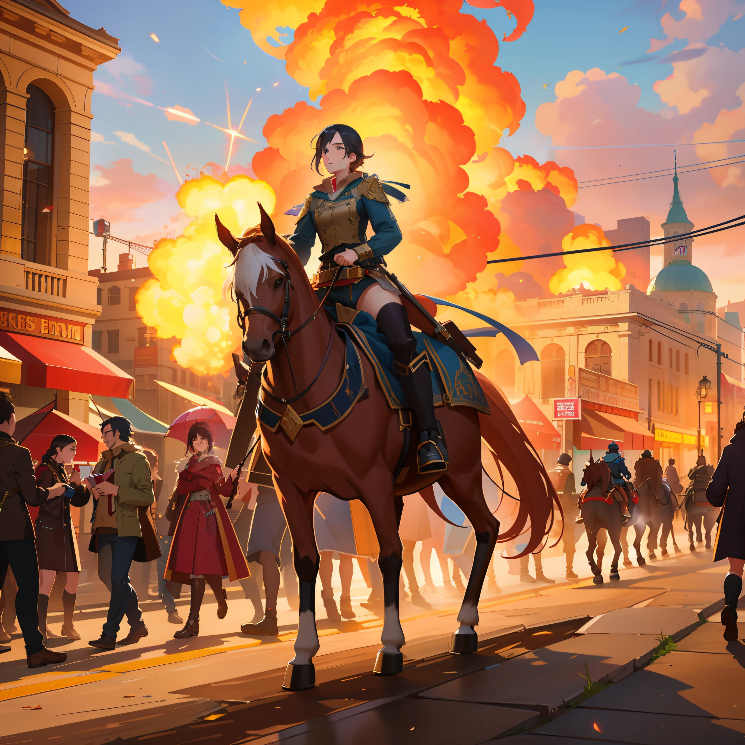 there is a man riding a horse in a street with a lot of people, cushart krenz key art feminine, artgerm and atey ghailan, ornate with fiery explosions, trending on artstation pixiv, epic light novel art cover, stormy and grand war scene, high detailed official artwork, 2. 5 d cgi anime fantasy artwork