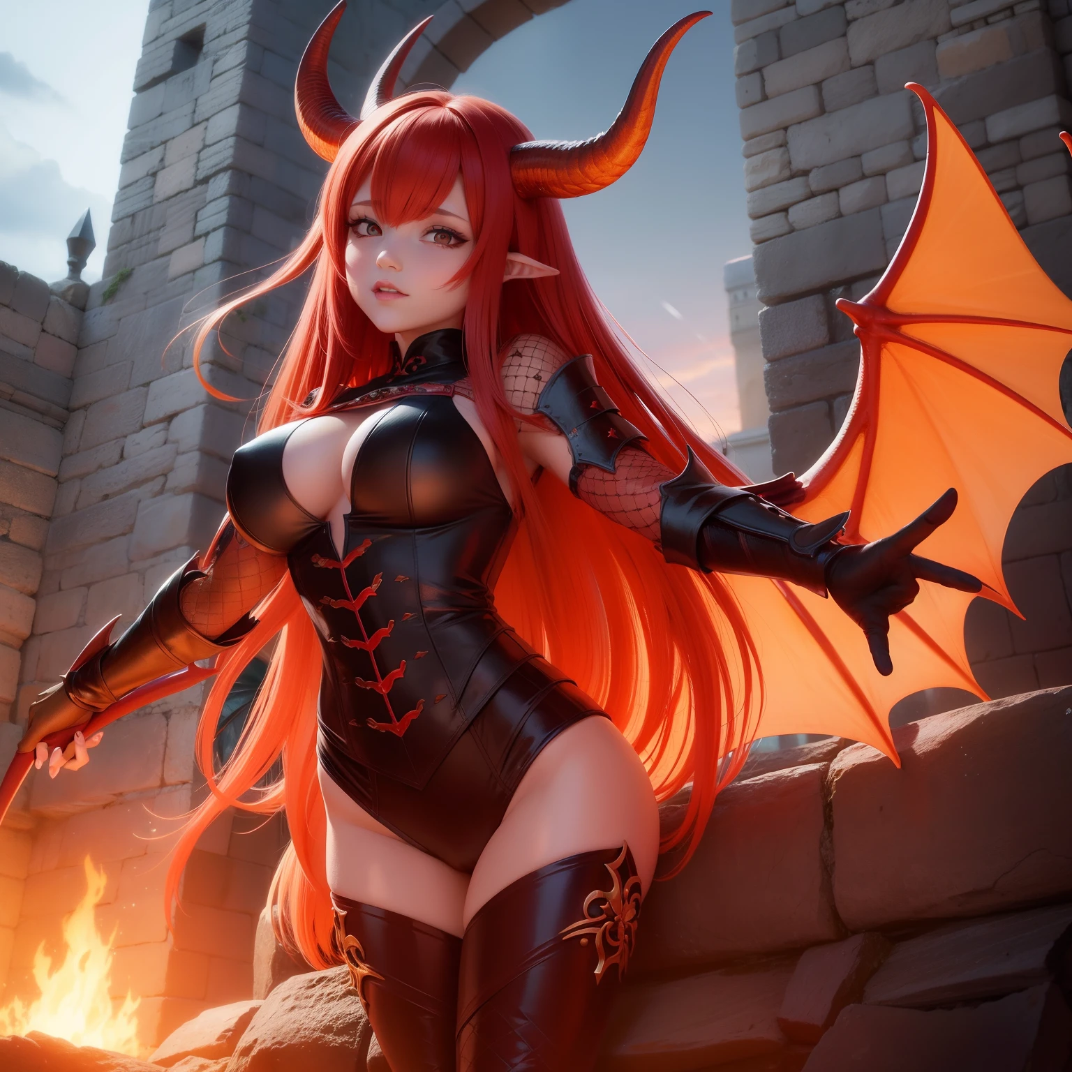Dragon woman, red hair, orange eyes, horns, wings, medieval clothes, powers