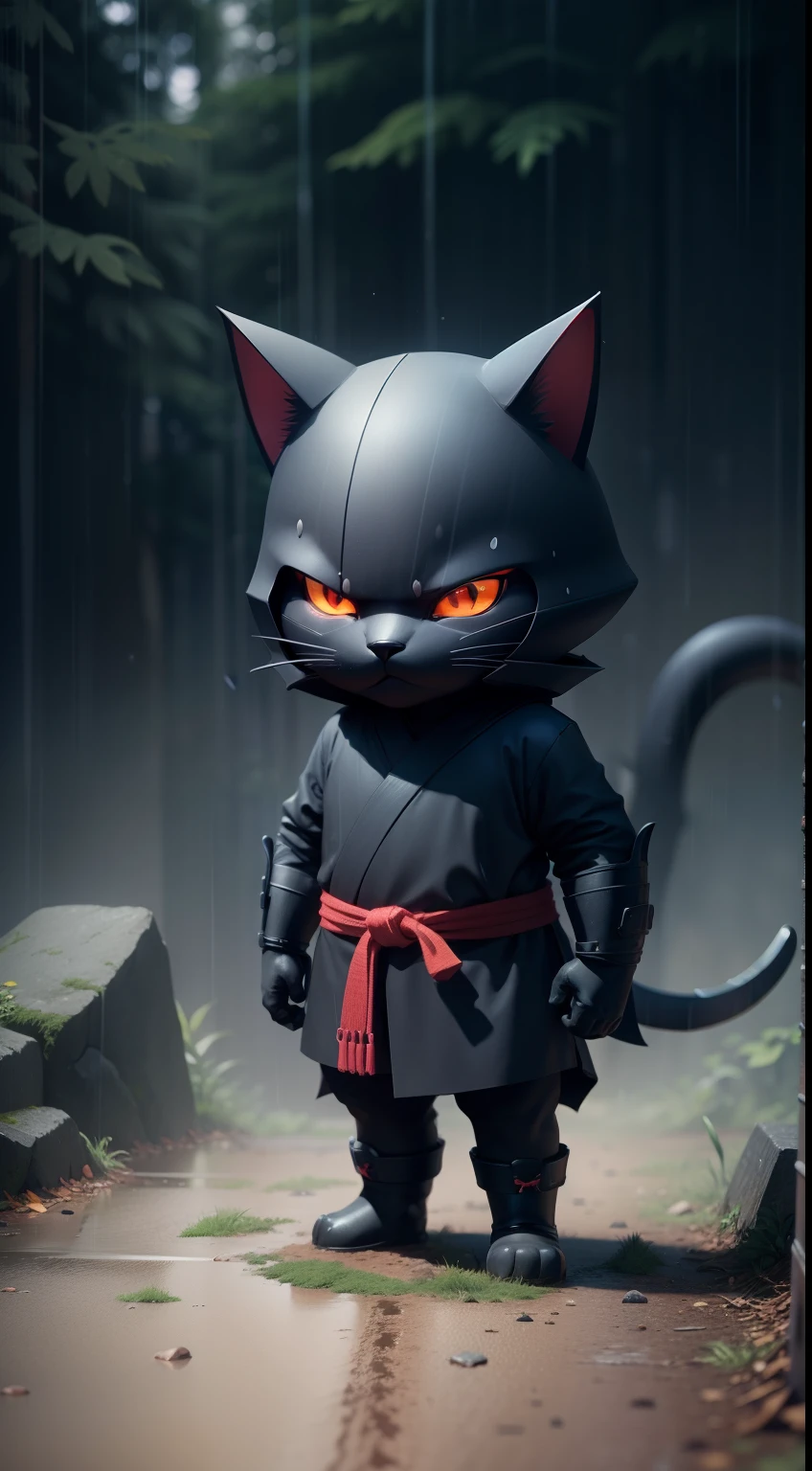 Create a vibrant dark fantasy cute ninja cat in a clean-lined minimalistic cartoon style, in the background a beautiful forest, rain, octane render, 8k