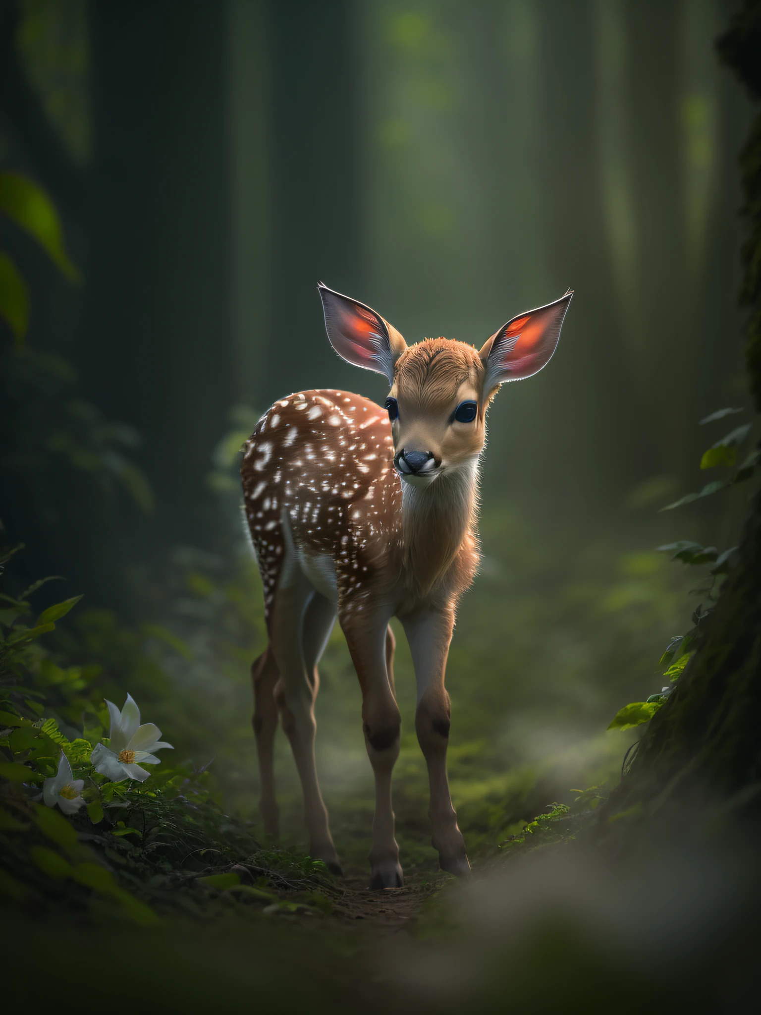 Close up photo of fawn in enchanted forest、natta、fireflys、Volumetric fog、Halation、bloom、Dramatic atmosphere、central、thirds rule、200mm 1.4F Macro Shot