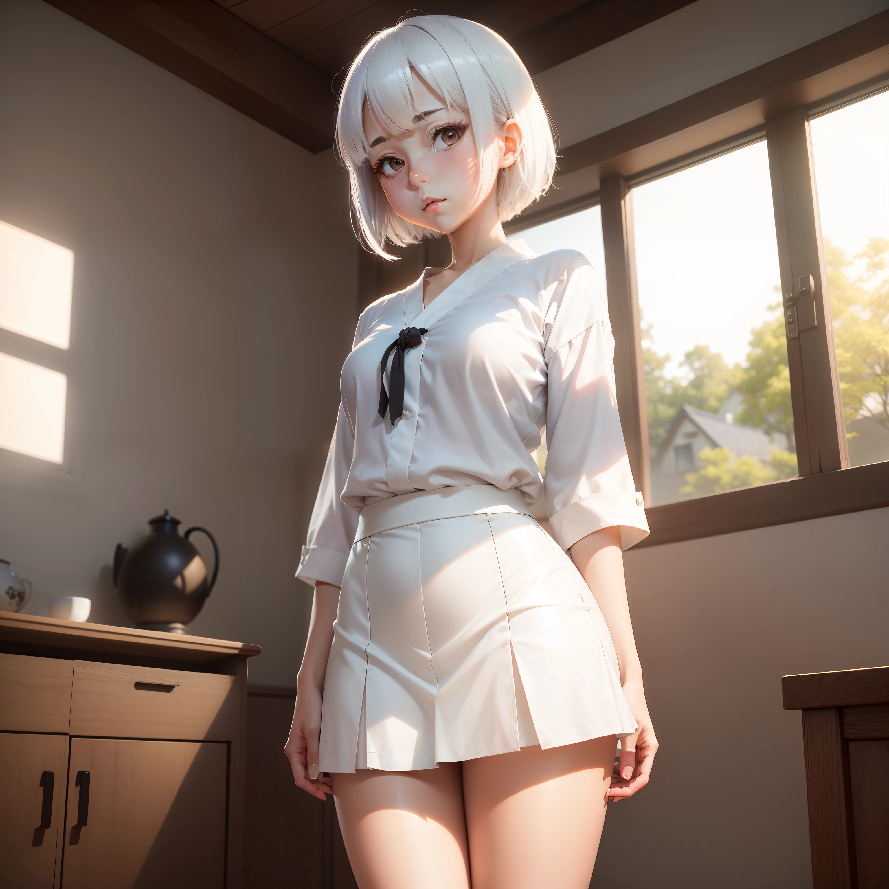 ((masutepiece,Best Quality))1girl in, Short skirt, Short hair, (thick legs:1), cute face white hair, Looking down, Confused face, Glow, in the room, In the house, Realistic Shadows, raytracing sfw, 校服,White pants are visible