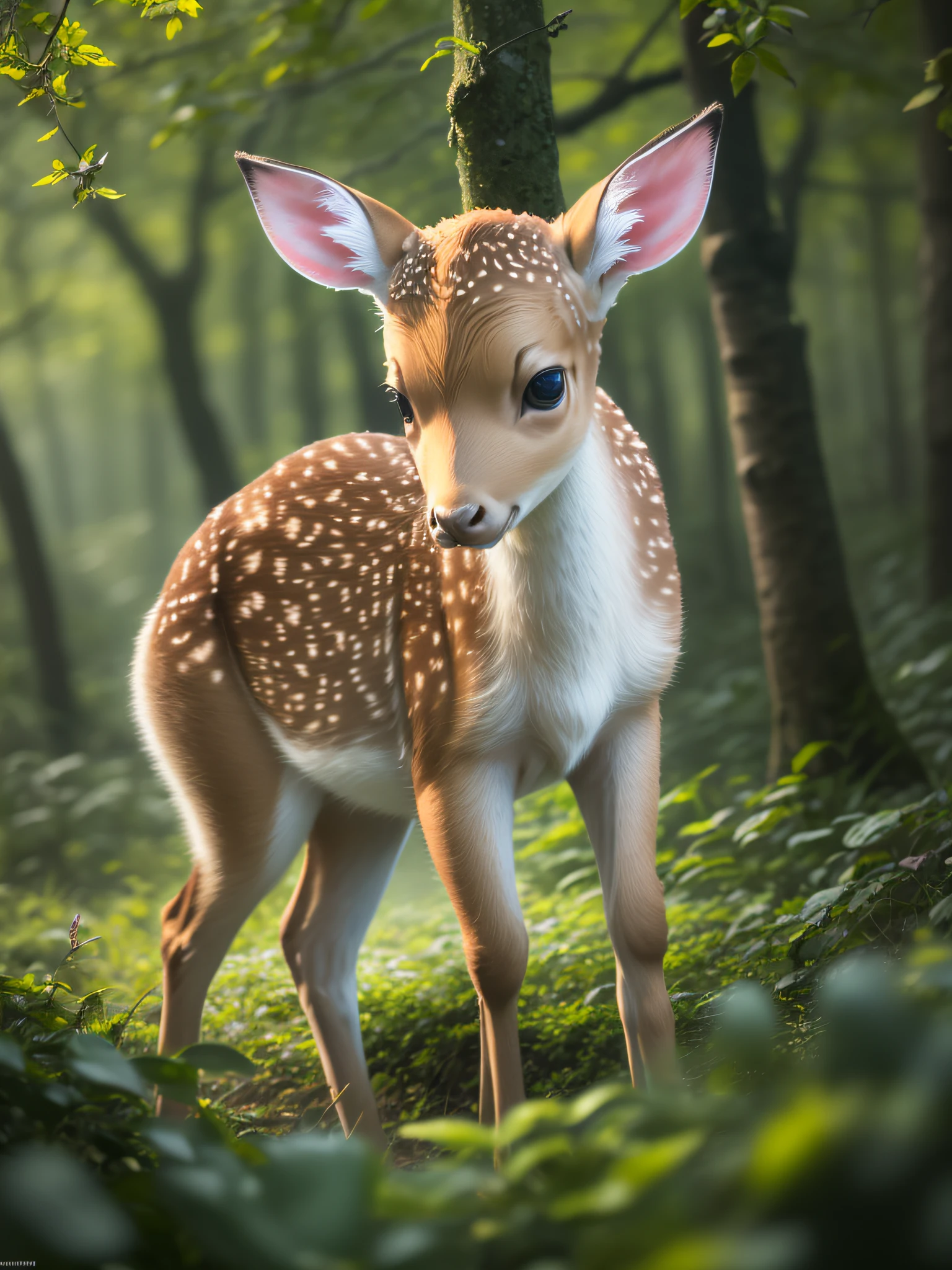 Close up photo of fawn in enchanted forest、natta、fireflys、Volumetric fog、Halation、Bloom、Dramatic atmosphere、central、thirds rule、200mm 1.4F Macro Shot