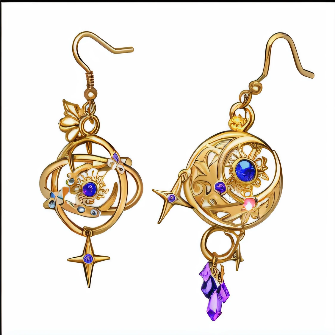 Close-up of a pair of earrings with stars and moon, Earrings. Highly detailed, earring design, Cute earrings. Highly detailed, a jewellery design, wearing ornate earrings, elaborate earrings, 耳Nipple Ring, Earrings, gold ornate jewely, intricate gold elements, 耳Nipple Ring, ornate jewelry, ornate galactic gold, Armillary sphere ring jewelry, Science fiction jewelry