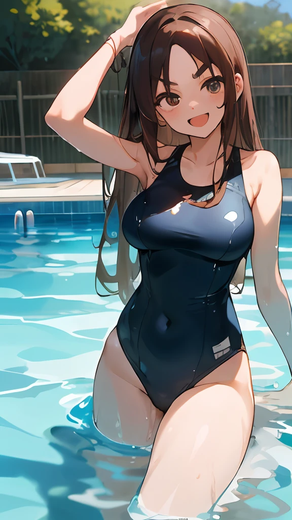 masterpiece, top-quality, Hi-Res, 1girl in, 独奏, verd s eyes, length hair, brown haired, bangss, eyebrows very, onepiece swimsuit, in poolside, open open mouth, a smile, wet,25-years old、large full breasts