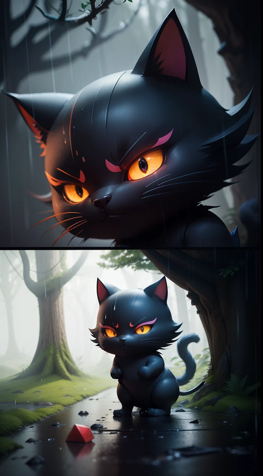 Create a vibrant dark fantasy cute ninja cat in a clean-lined minimalistic cartoon style, in the background a beautiful forest, rain, octane render, 8k