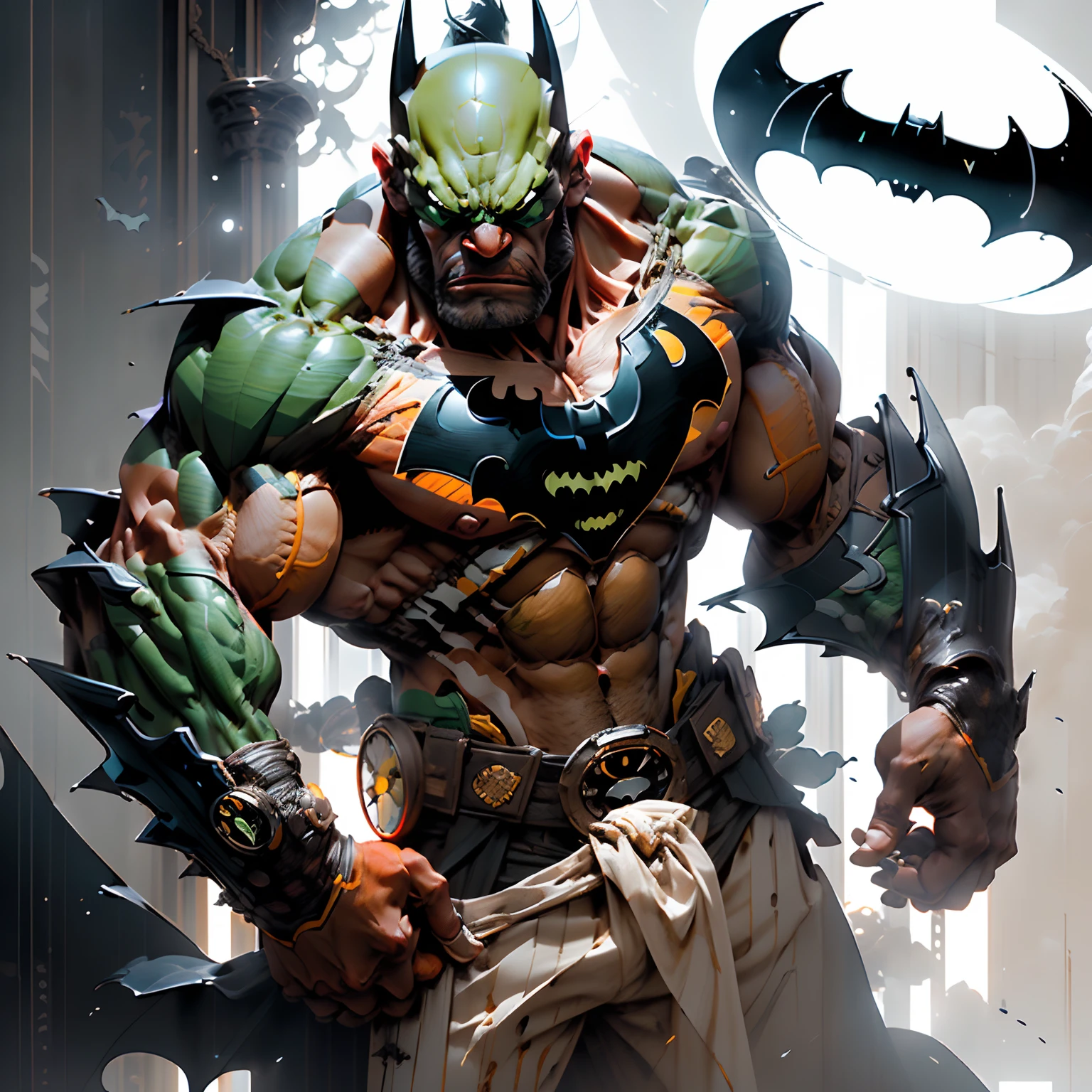 analogue style, obra-prima, 8k, UHD, HDR, DSLR, alta qualidade, grain of film, Fujifilm XT3, soft-lighting, Anel luminoso, studio illumination, sombras escuras, (luz de fundo blacklight), tiro ambiental grande angular, foto digital bruta do (((Batman misturado com hulk))), ((laranja e branco)) , volumeric lighting, nebuloso, nebuloso, reflexos de luz, Bokeh Trend at Artstation, foco nítido, Studio photo, detalhes intrincados, altamente detalhado