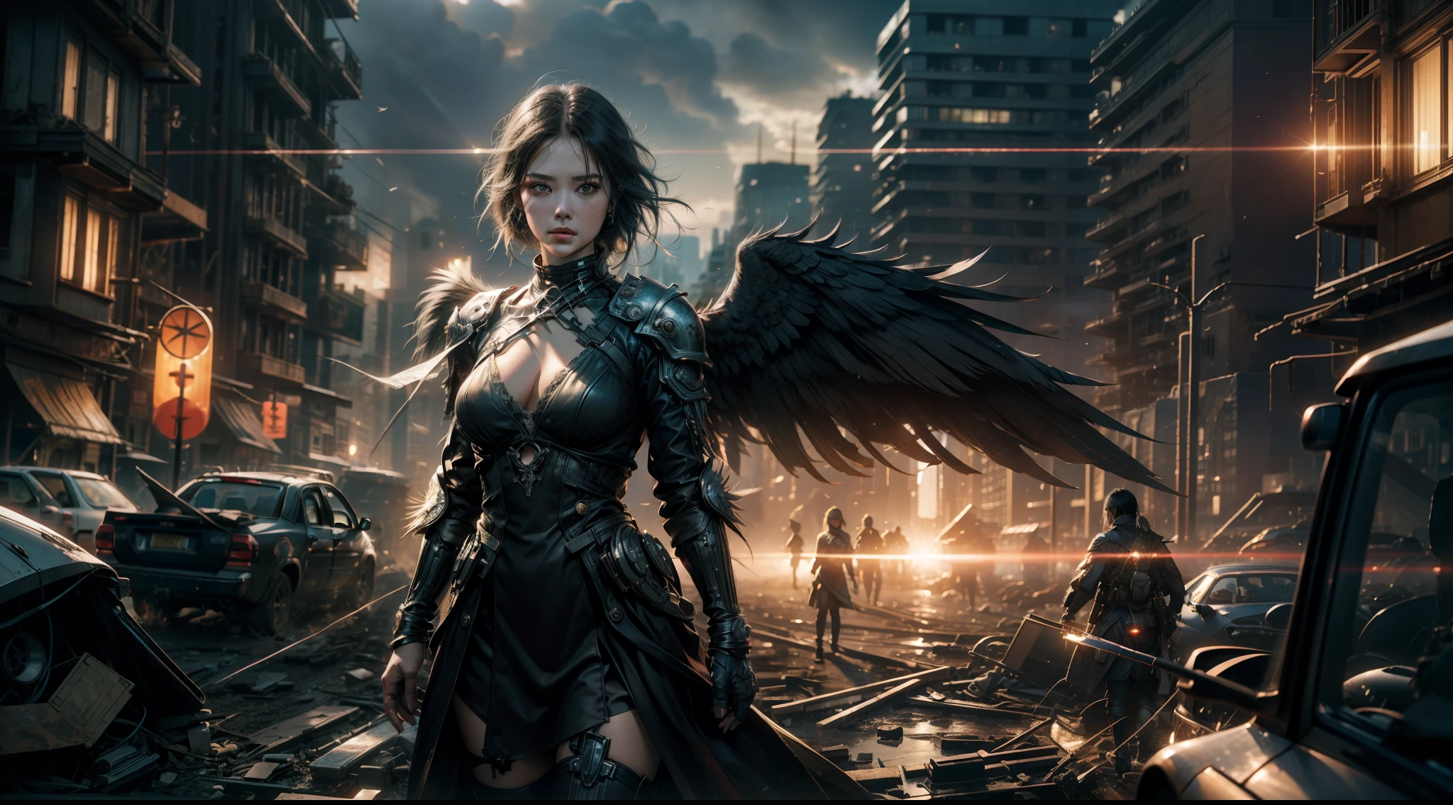 ((best qualtiy)), ((tmasterpiece)), ((Realistis)), (A detailed), (realisticlying:1.5),illusory engine, (High detail: 1.9),(femele:1.4),(big breasts beautiful: 1.4),(carismatic:1.3), (Large breasts), Female angel,Black feathered wings,beuaty girl,beauitful face, looking at viewert, dynamicposes, postapocalyptic, Destroyed city background,hdr, Ray traching, NVIDIA RTX, Hyper-Resolution, Unreal 5, sub surface scattering, PBR textures, Post-processing, Anisotropic filtering, depth of fields, Maximum clarity and sharpness, trichotomy,8K original,(Luminous Particle:1.4),(VerydetailedCG,Unity 8k壁纸,cinmatic lighting,lens flare glow),Reflectors,Sharp focus,black toga,Raised sexy