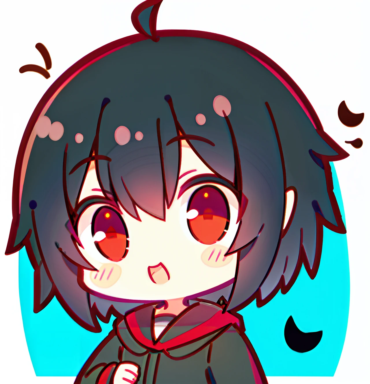 with short black hair， boy with red eyes，Hair fluttering slightly，Cute loli shape