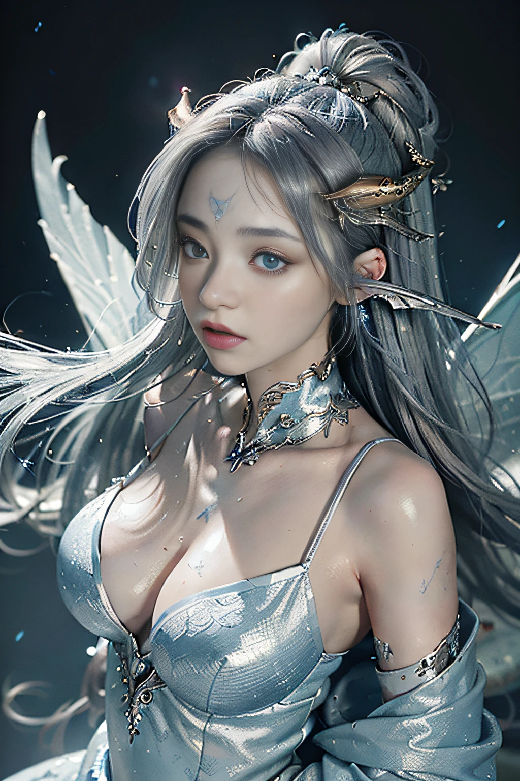 "((Masterpiece level,Best picture quality)), A high resolution,Strong realism,(Silver and blue clothes:1.2),Fairy air fluttering,Dragon horns on the head,Behind him hovered a white dragon,scutes,Blue peculiar background(High-tech background:1.1),(Scrub skin:1.2)"Black color hair,Ancient wind,Fairy air fluttering