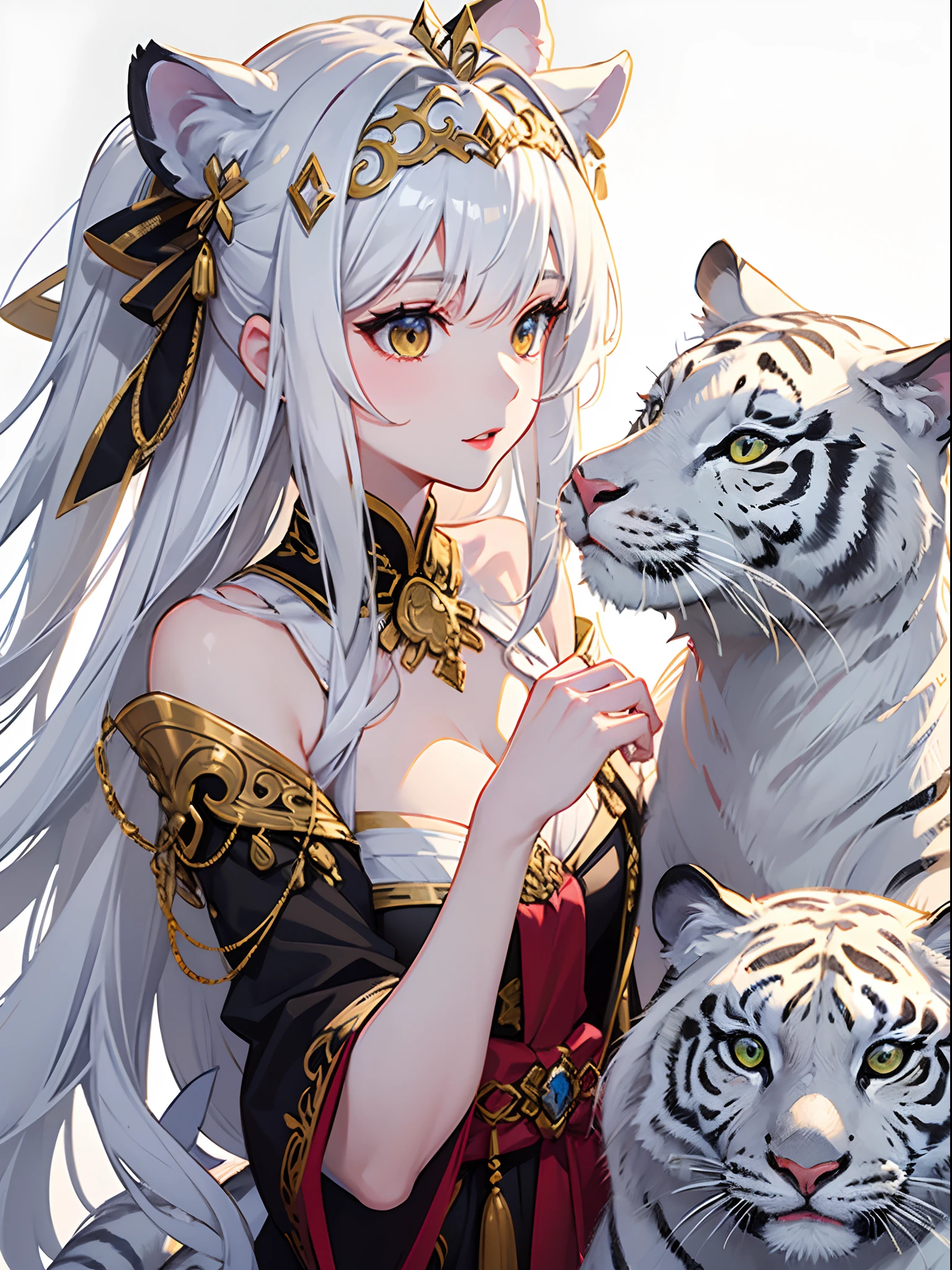 highest quality,tmasterpiece,A masterpiece,extreme hight detail,Delicate portrayal of facial features,(Delicate hair portrayal),(Delicate eye portrayal),Long white-blond hair,Black hair ends,(((the white tiger))),((Luxurious tiara)),elaborate Hanfu,((Overlapping clothes)),(((Heavy clothes))),((Intricate gold patterns on clothes)),Delicate white tiger on clothes,Redlip,Danfeng Eyes,gold eyes,High ponytail,eyeslashes,((White Tiger Maiden)),4k画质,Gorgeous Light and Shadows,dingdall effect,(long and flowing hair),Messy hair,((white hair ribbon)),Gorgeous scene,sideface,(Royal sister),((Huge white tiger)),((ancient buildings of China)),((Roaring white tiger)),((Golden tattoo on the face)),((Cold)),(((Close-up of the left face)))