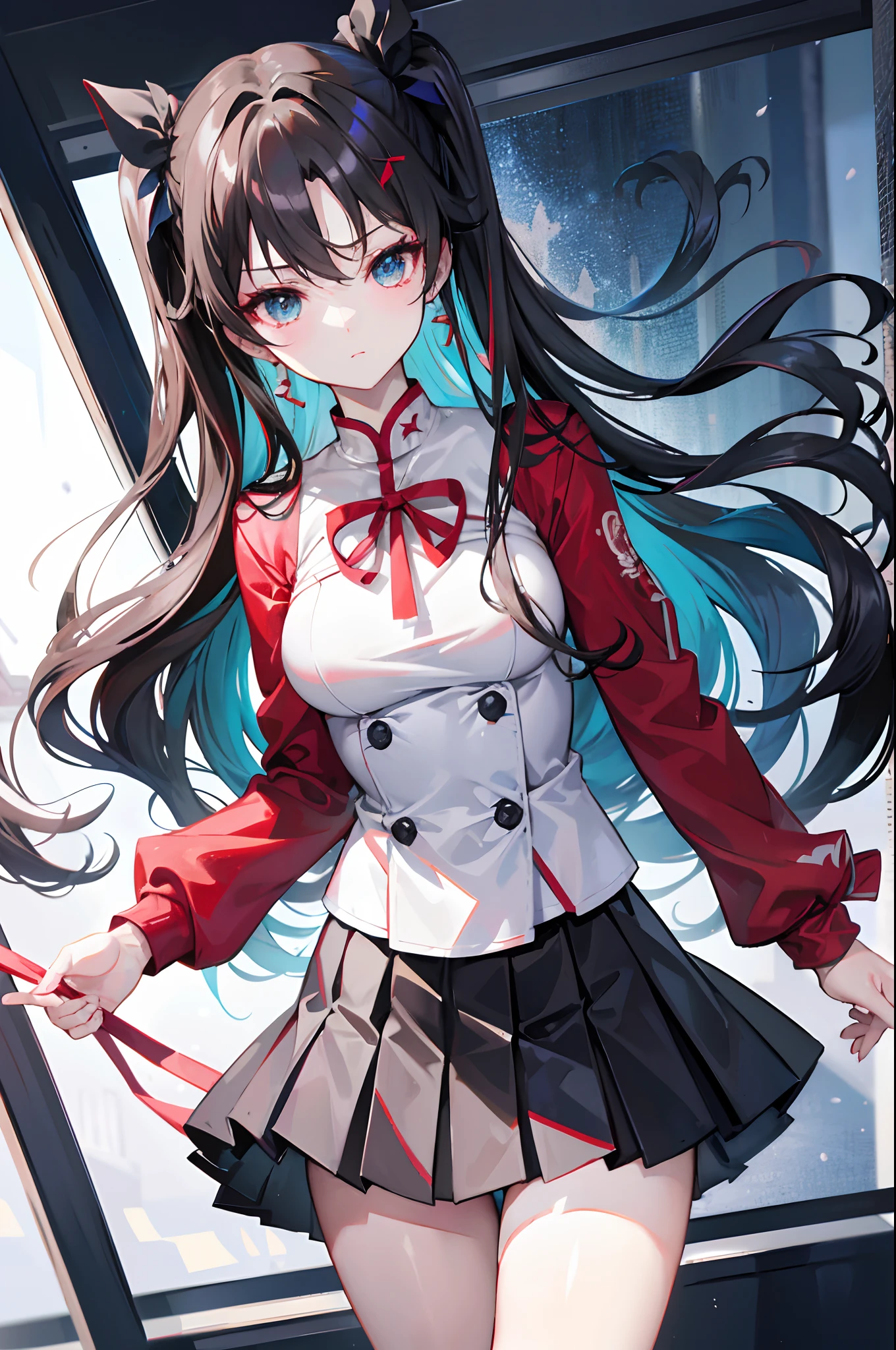 RinTohsaka, tohsaka-rin, aquamarine Eyes, brunette color hair, shairband, Long hair, tape, Side clusters, two sides up, BREAK black skirt, black thighhigns, longer sleeves, mini-skirts, the pleated skirt, Red sweater, a skirt, pullover, upper legs, high-necked, Rest outside, 城市, Rest and watch the audience, Break (tmasterpiece:1.2), Better quality, A high resolution, Unity 8k wallpaper, (illustratio:0.8), (美丽细致的眼睛:1.6), extremely detail face, lighting perfect, extremaly detailed cg (Perfect hands, perfect anatomia),