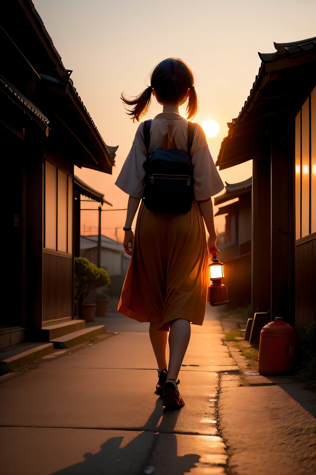 the sunset，城市，the setting sun，The colors are dim，A girl carries a kerosene lamp，lamp emitting light，Back Shadow