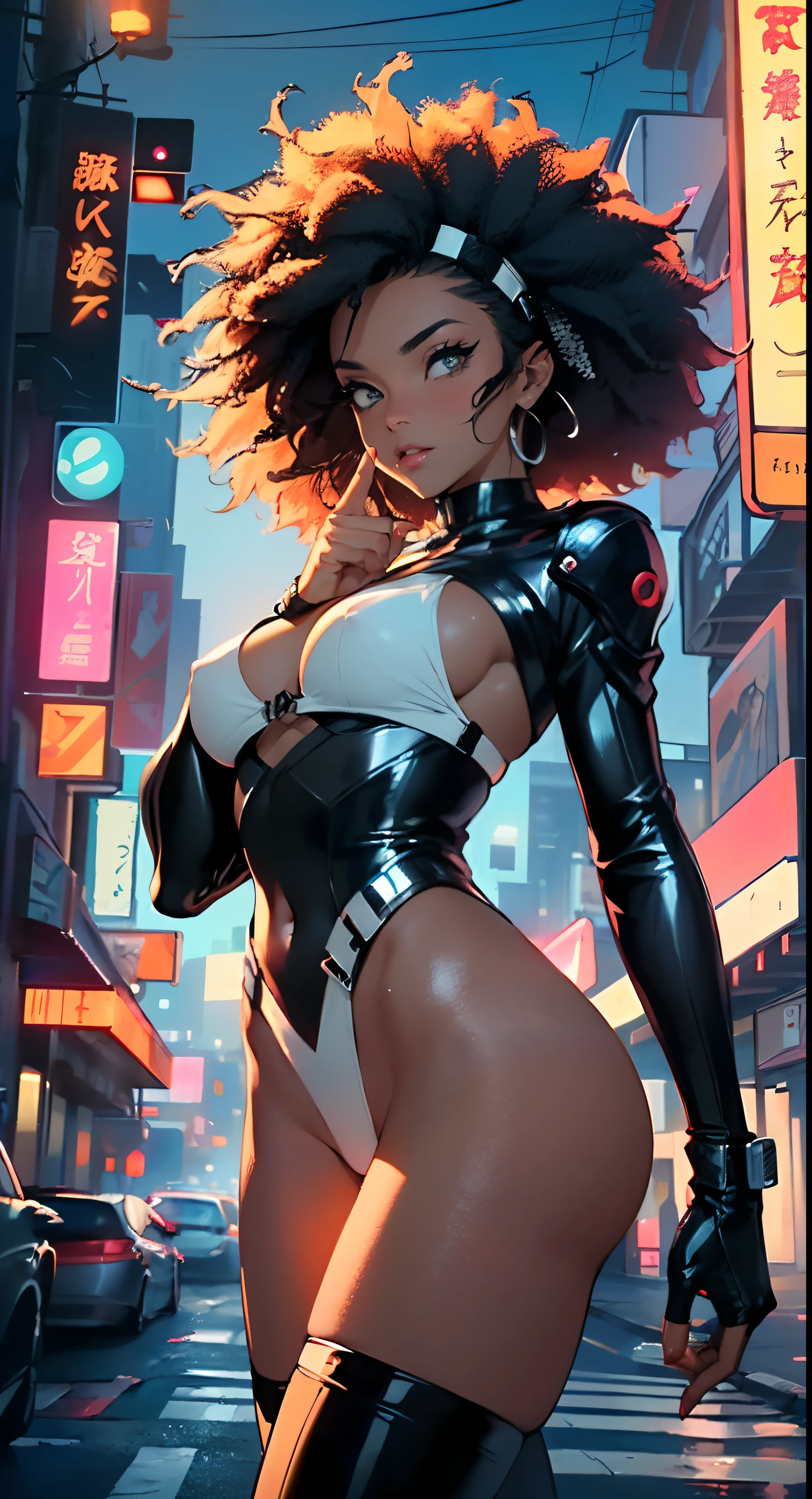 girl spacepunk,(((1girl))),((1 extremely cute and beautiful afro haired anime girl)),((((black race)))),

(large breasts:1.4),saggy breasts,((((black afro hair:1.35,((afro hair:1.35)),afrohair,afro:1.35,dark hair,black hair,)))),medium hair,((heterochromia,eye1 orange,eye2 red,perfect eyes,upturned eyes:1.3,beautiful detailed eyes,finely detailed beautiful eyes:1,big highlight on eyes:1.2)),((fat)),((((tan,dark skin,black skin:1.35,dark-skinned_female,dark skin:1.3,ebony skin,lustrous skin:1.5,bright skin: 1.5,shiny skin,very shiny skin,shiny body)))),(spider lower abdomen,narrow waist,wide hip,athletic body,inflated legs,delicate detailed fingers),((hand consists of a short thumb and four fingers,hand with just five fingers,(detailed face))),

cute,slutty,sensual,seductive look,seductive,erotic,enchanting,(((nsfw))),

zettai ryouiki,revealing clothing,show skin,(wearing a mechanical space body armor:1.3,micro bikini,bare legs),(detailed outfit,detailed clothes),

(dynamic pose:1.0),solo focus,embarrassed,centered,scale to fit dimensions,Rule of thirds,

outdoors,((night view)),(very pretty city neon synthwave,cyberpunk night street Background:1.5,dark sky,thick clouds),future vehicles,((neon lights)),thick clouds,(cyberpunk style,neon lights, (synthwave theme background), lonely street),(((detailed background:1.25))),

(best quality),(high resolution),(sharp focus),(ultra detailed),(extremely detailed),(extremely high quality artwork),8k_wallpaper,(extremely detailed CG 8k),(very fine 8K CG),((hyper super ultra detailed perfect piece)),flawless,(((masterpiece))),illustration,vibrant colors,(intricate),High contrast,Selective lighting,Double exposure,HDR (High Dynamic Range),Post-processing,Background blur,