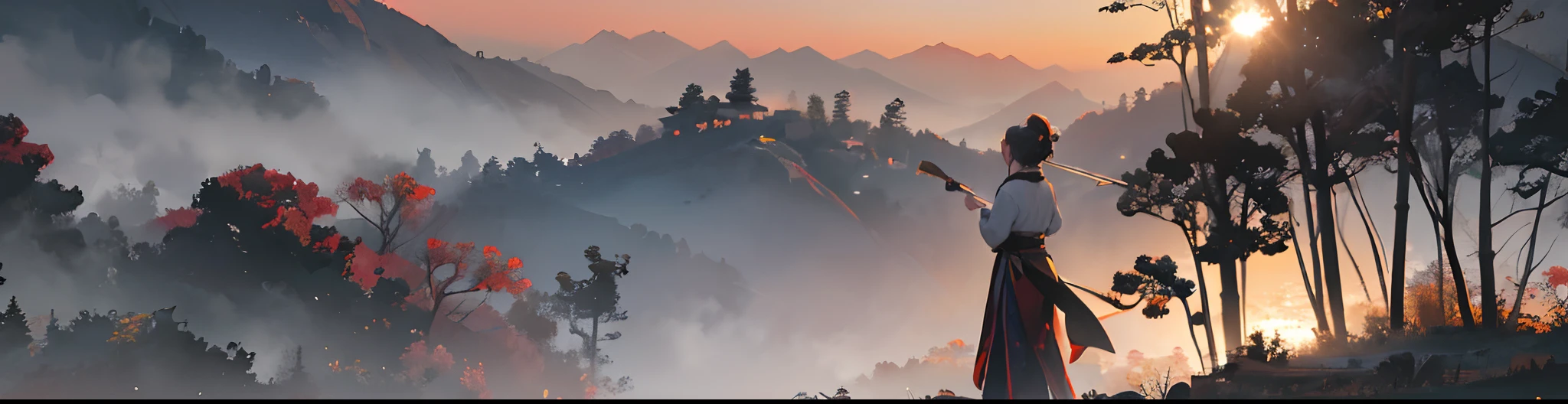 (Best Quality), (Masterpiece), (High Resolution), (Away from Camera), (Background Bokeh), (Backlight), Silhouette Lighting, Chinese Style, (Warrior), Sword in Hand, (Hairpin), Outdoor, (Standing on a Cliff), Hills, Bamboo Forest, ((Sunset Light))