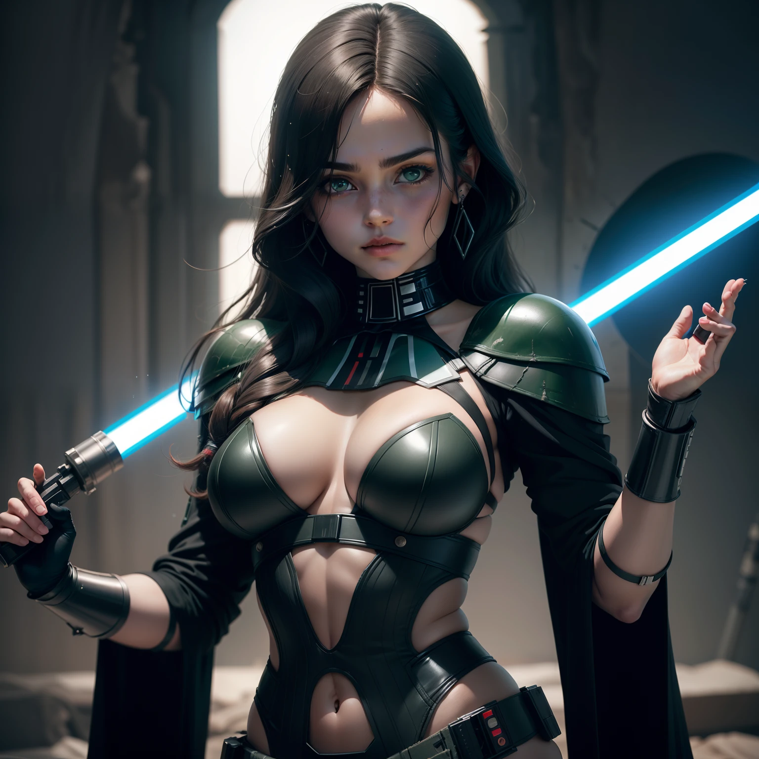 Retrato cuerpo entero, de dark vader (star wars) Mujer hermosa con grandes senos y gran trasero, cabello largo, cabello color rojo, ojos color verde, facciones de la cara muy detallados, cara muy hermosa, using a green lightsaber, pose de batalla, muy detallado cg, cuerpo completo, textura detallada, hiperrealista, 8 k resolution, cinematography lighting