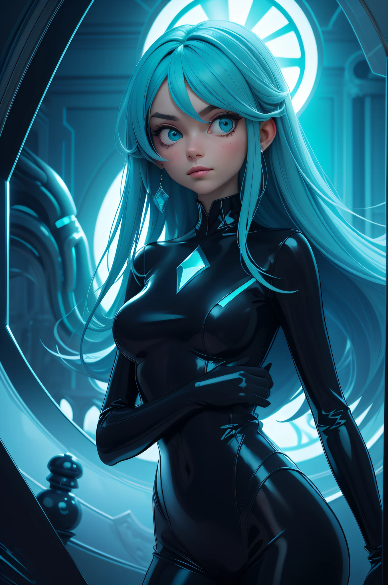 portrait Amidst mirror rooms and dark blue aquamarine hues, candid moments shine in a surreal engine-inspired masterpiece. Organic forms blend with neon light, echoing a hypnotic atmosphere