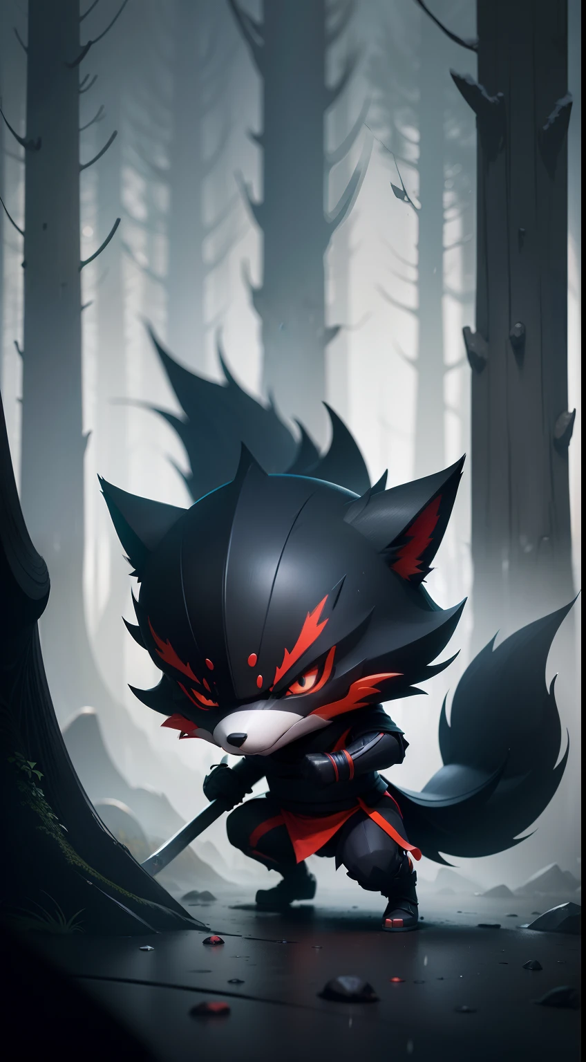 Create a vibrant dark fantasy cute ninja fox in a clean-lined minimalistic cartoon style, in the background a beautiful forest, rain, octane render, 8k
