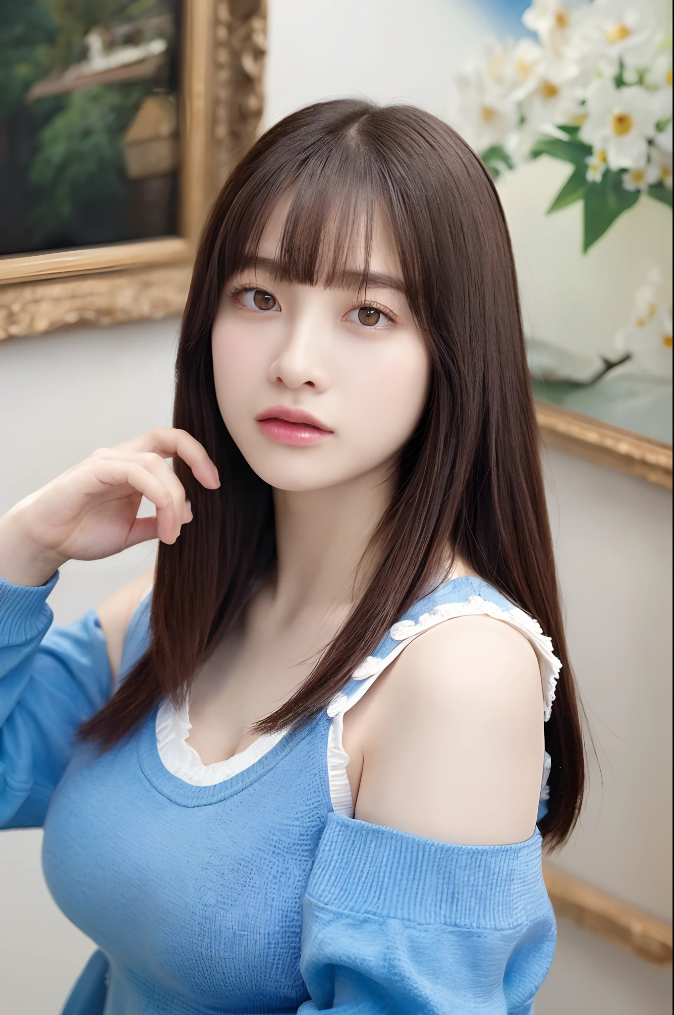 ((top-quality、8K、​masterpiece:1.3))、Detail Women:1.3、(Medium Hair、Colossal tits:1.4)、Clothing that emphasizes the chest、Clothes with Cleavage View、Off-the-shoulder clothing、ultra -detail、the detail、eyelid、TOKYOcty
