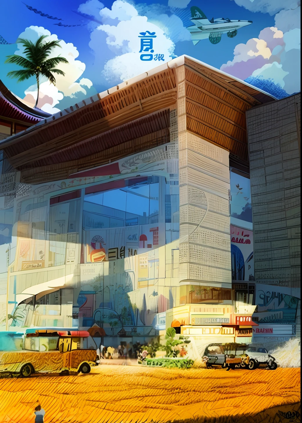 Flat style illustration,Flat illustration,There are photos of the beach and palm trees on it,Add Hainan Provincial Museum and Arcade,Mainly the Hainan Pavilion,Add the triangular plum bee goby, poster for ; Summer, Poster illustration, poster background, clouds、Wings and waves, vibrant tourism poster, summer festival in background, Poster design, poster for, clouds and waves, illustrated poster, A beautiful artwork illustration, artwork in the style of z.Show on the. gu, travel poster