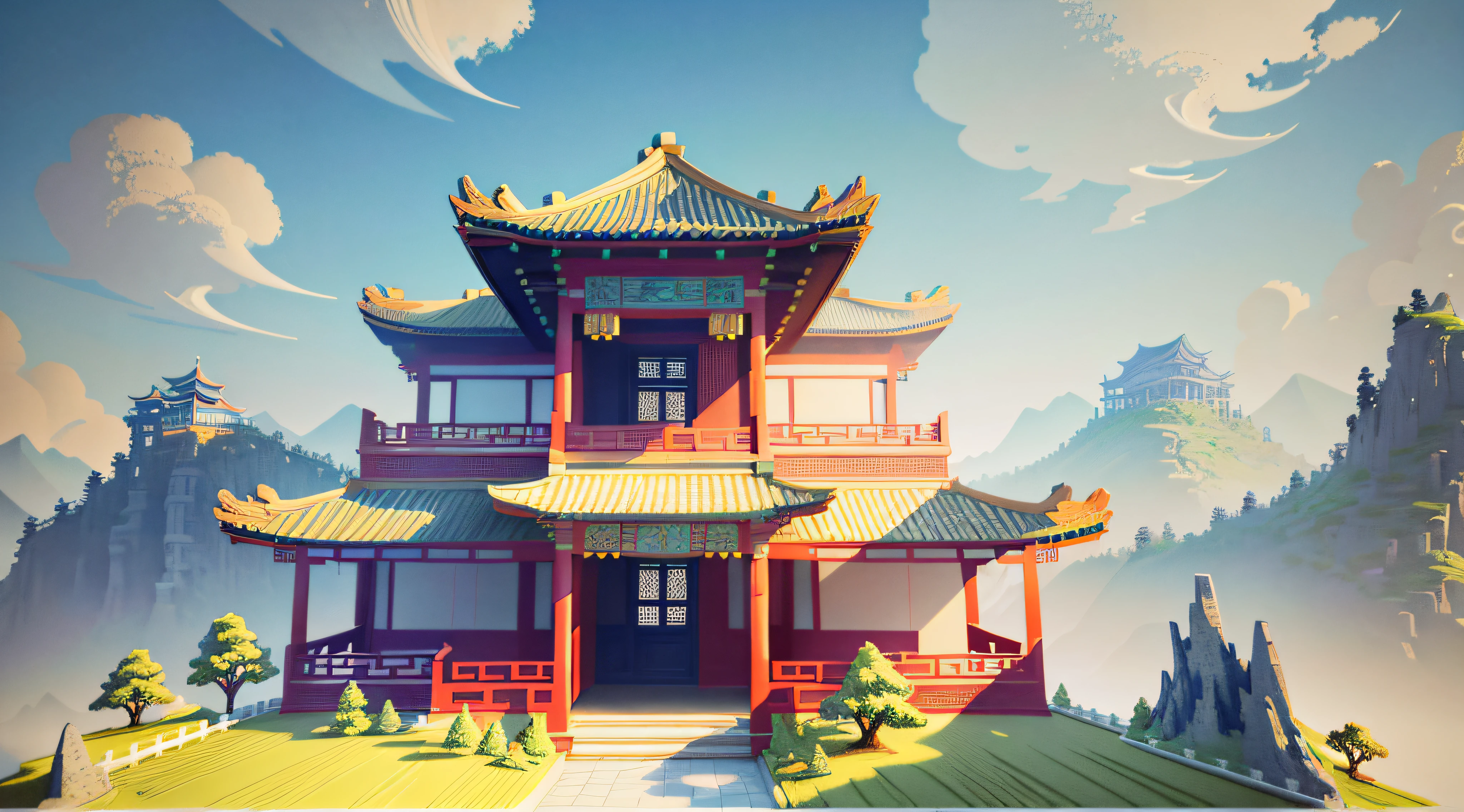 Landscape scene of ancient Chinese architecture, multidimensional paper style, (paper_cut:1.3), paper cutting craft, fantastic gradient color, stunning artwork, multi-dimensional paper craft, soft color, ultra wide angle picture, visual impact, 8k image, art, dream, paper cut art, vista, bright color, oc rendering, 3D relief, front view
