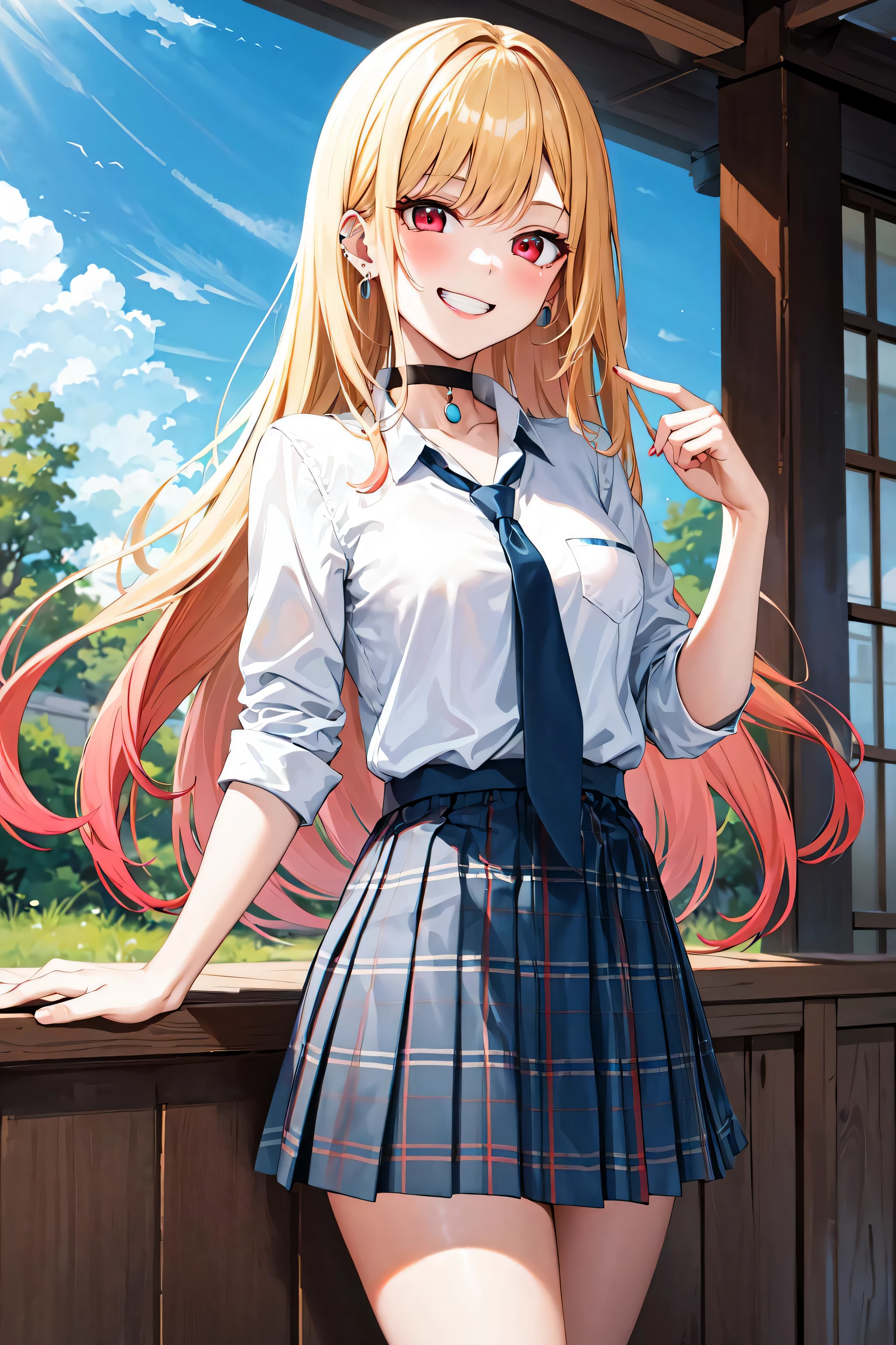 masterpiece, best quality, highres, kitagawa marin, 1girl, blonde hair, long hair, multicolored hair, red eyes, jewelry, earrings, piercing, school uniform, white shirt, tied shirt, black choker, blue necktie, plaid skirt, grin, smile, standing, cowboy shot, outdoors,