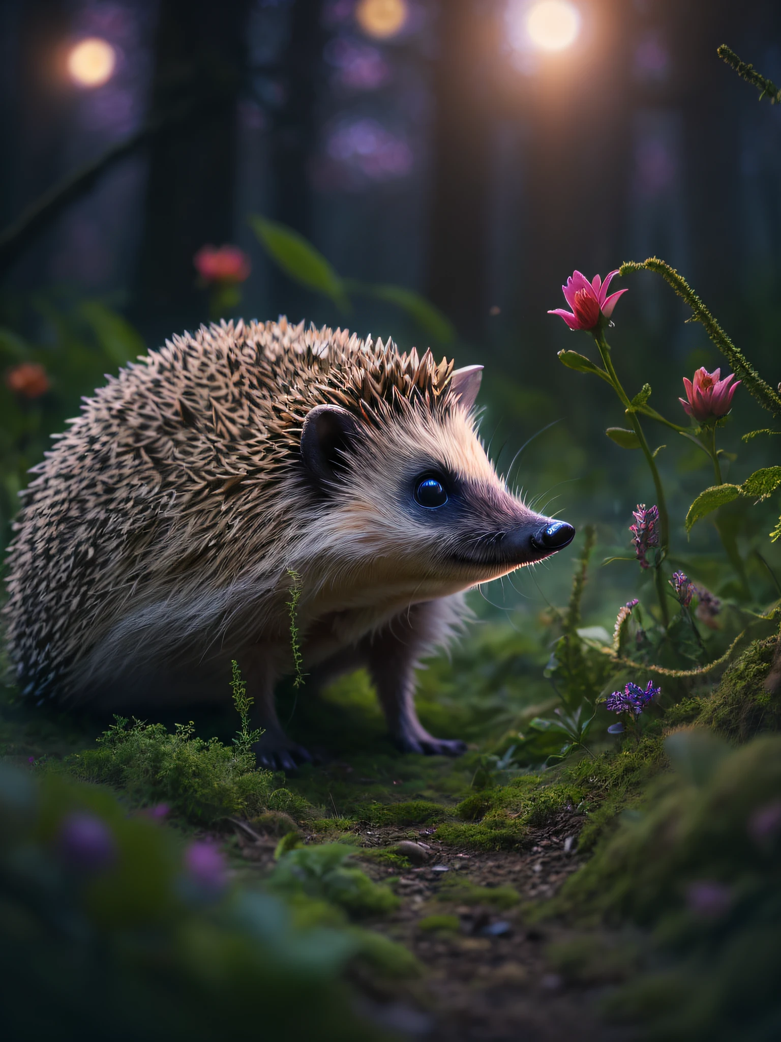 Close-up photo of hedgehog in enchanted forest, night, firefly, volumetric fog, halation, bloom, dramatic atmosphere, center, rule of thirds, 200mm 1.4F macro shot