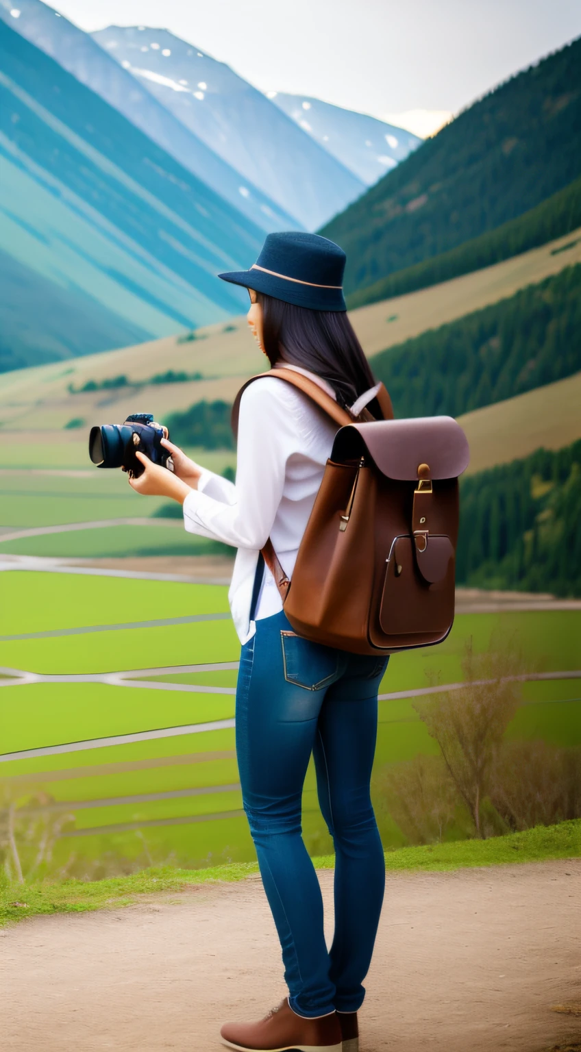 Carrying a bag, a lively beautiful young girl carrying a bag is taking pictures in a scenic place with a DSLR camera