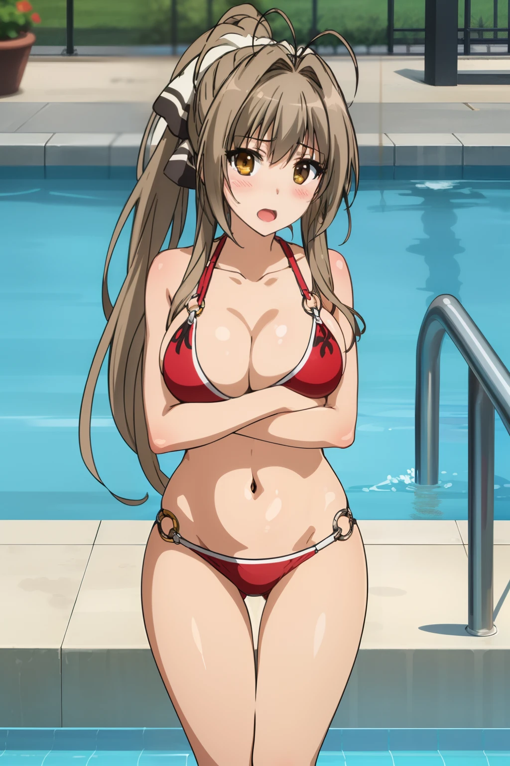 best quality, highly detailed, pool, day, sun rays,
1girl, solo, sento isuzu, open mouth, blush, looking at the viewer, breast hold, thigh gap,
brown hair, long hair, antenna hair, ponytail, brown eyes, red bikini, o-ring bikini, o-ring top, o-ring bottom