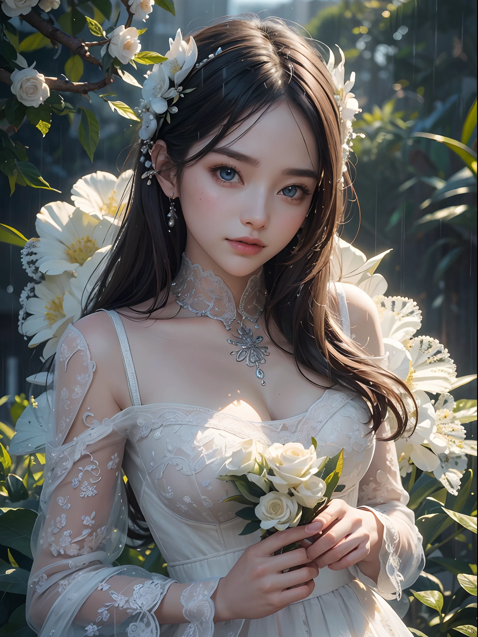 Unbeatable masterpiece, Ultra photo realsisim, Perfect artwork, Intricate details, Best quality, Strong light,High contrast, 1 girl , Rainy season , Masterpiece ,Best quality , cheerfulness , Beautiful detailed eyes, extremely detailed nipple, Unified 8K wallpapers ,(intricatedesign:1.6) , Digital art , hyper detailed textures , surreal landscapes , photorealistic illumination and shadowing , (extremely delicate and beautiful art)1.3 , elegant ,