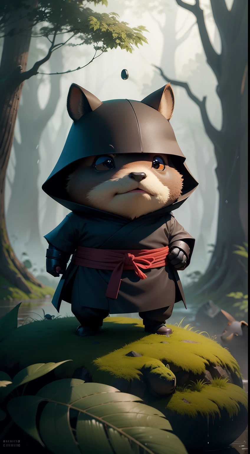 Create a vibrant dark fantasy cute ninja capybara in a clean-lined minimalistic cartoon style, in the background a beautiful forest, rain, octane render, 8k
