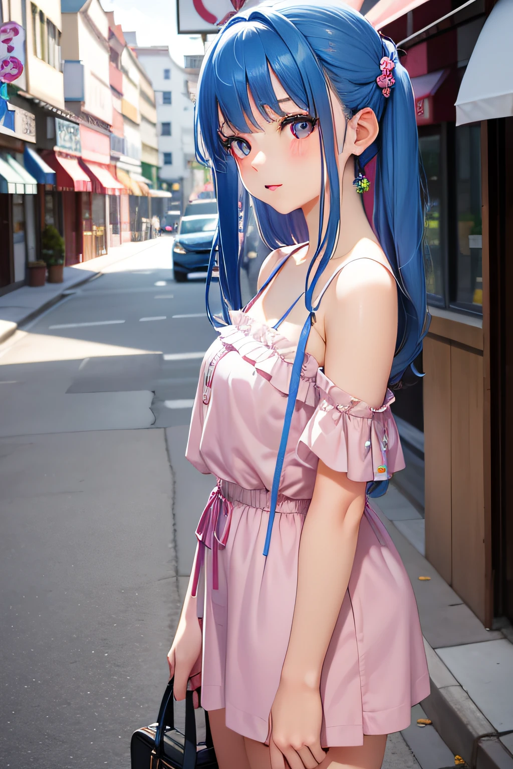 Blue-haired girl 16 years old,Big jewel-like eyes,The skin is as delicate as silk,Soft headlights illuminated her,The pink cherry pattern top shines on her,She strolls leisurely through the soft street scene like a two-dimensional character,It's like a scene from a Miyazaki movie。