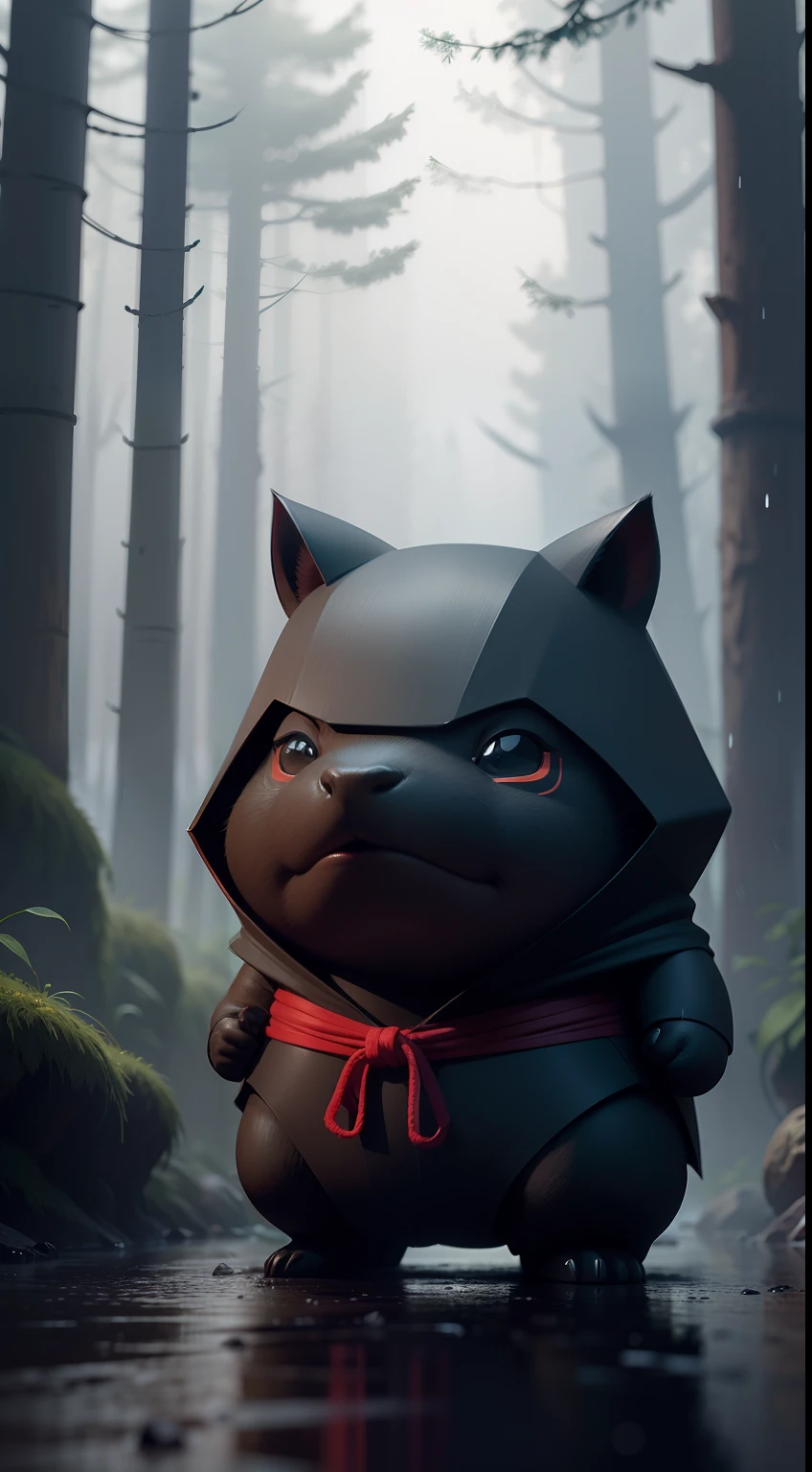 Create a vibrant dark fantasy cute ninja capybara in a clean-lined minimalistic cartoon style, in the background a beautiful forest, rain, octane render, 8k