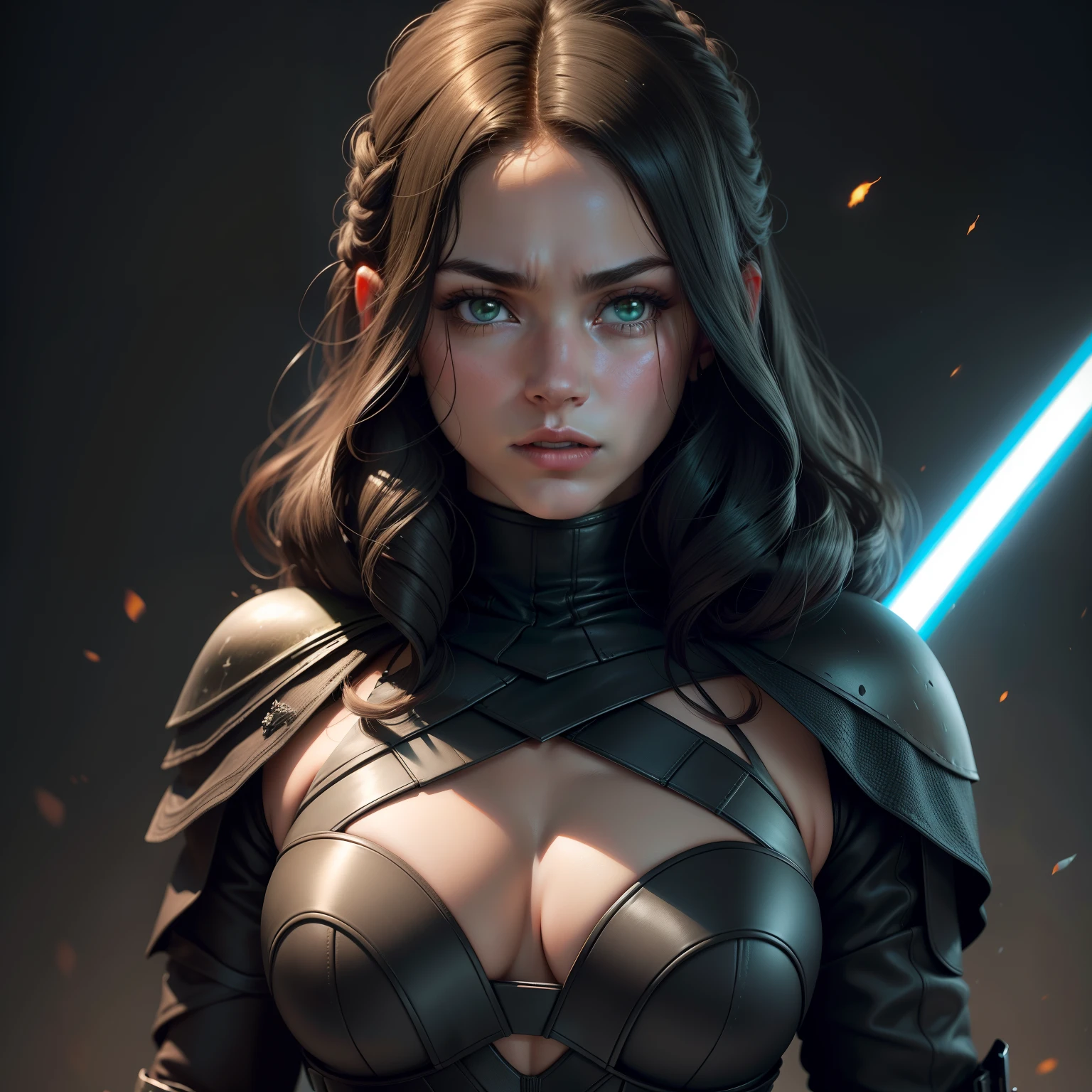 Retrato cuerpo entero, de dark vader (star wars) Mujer hermosa con grandes senos y gran trasero, cabello largo, cabello color rojo, ojos color verde, facciones de la cara muy detallados, cara muy hermosa, using a green lightsaber, pose de batalla, muy detallado cg, cuerpo completo, textura detallada, hiperrealista, 8 k resolution, cinematography lighting