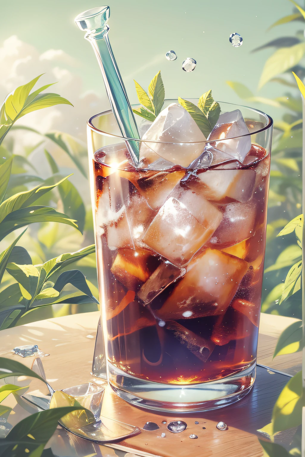 Cold and tasty-looking cola、Glass with ice