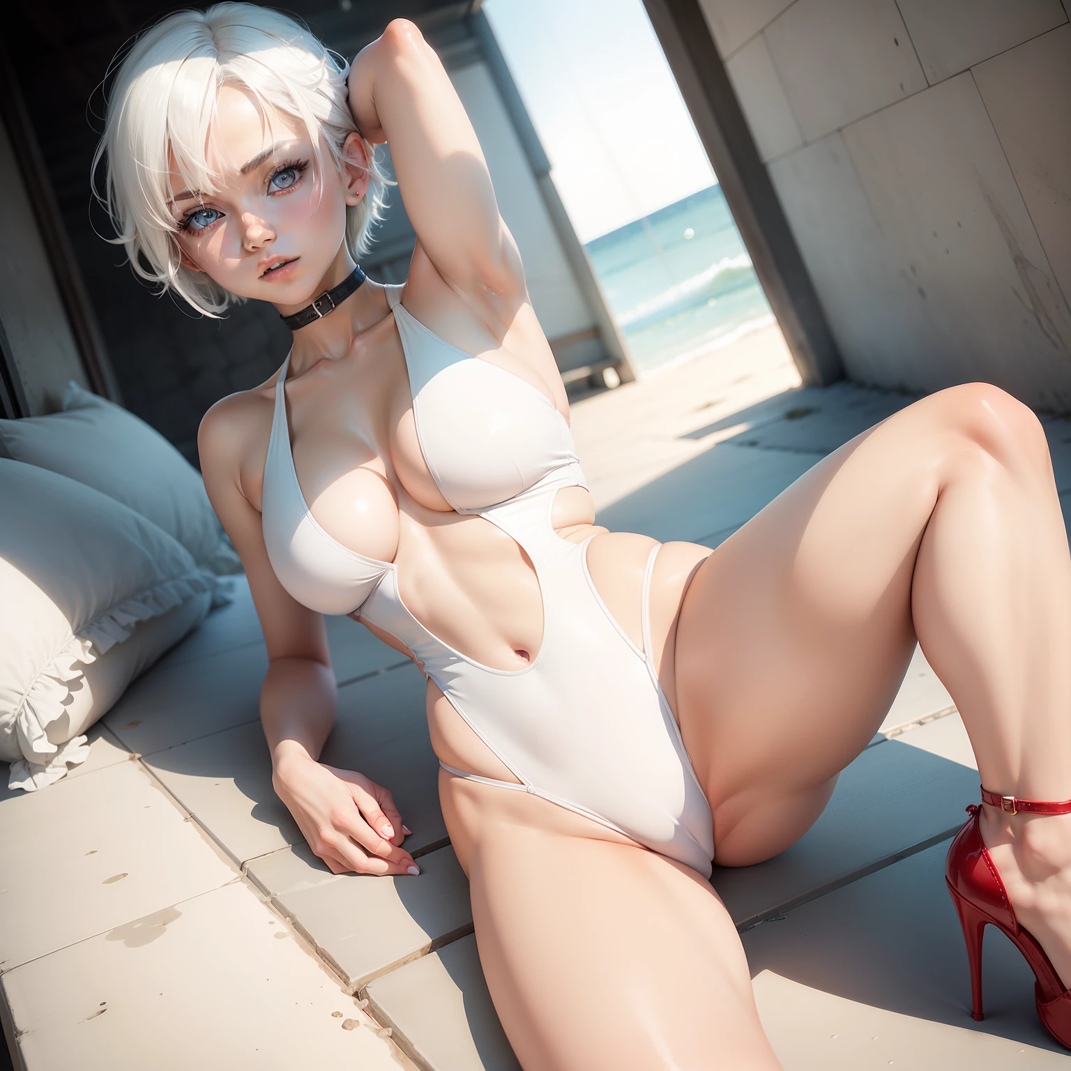 1 female anime character, with fair skin, short white hair, beautiful eyes, and a sweet face. 2, She's wearing a white swimsuit and a pair of red high heels. Her pose is heroic, and the image depicts her entire body in close-up."