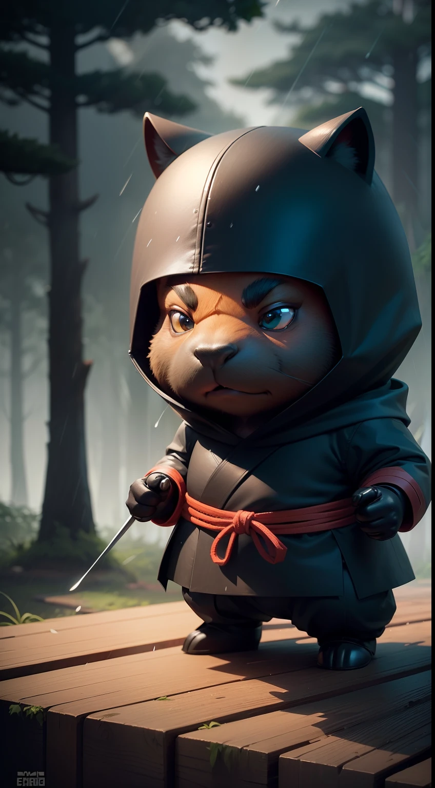 Create a vibrant dark fantasy cute ninja capybara in a clean-lined minimalistic cartoon style, in the background a beautiful forest, rain, octane render, 8k