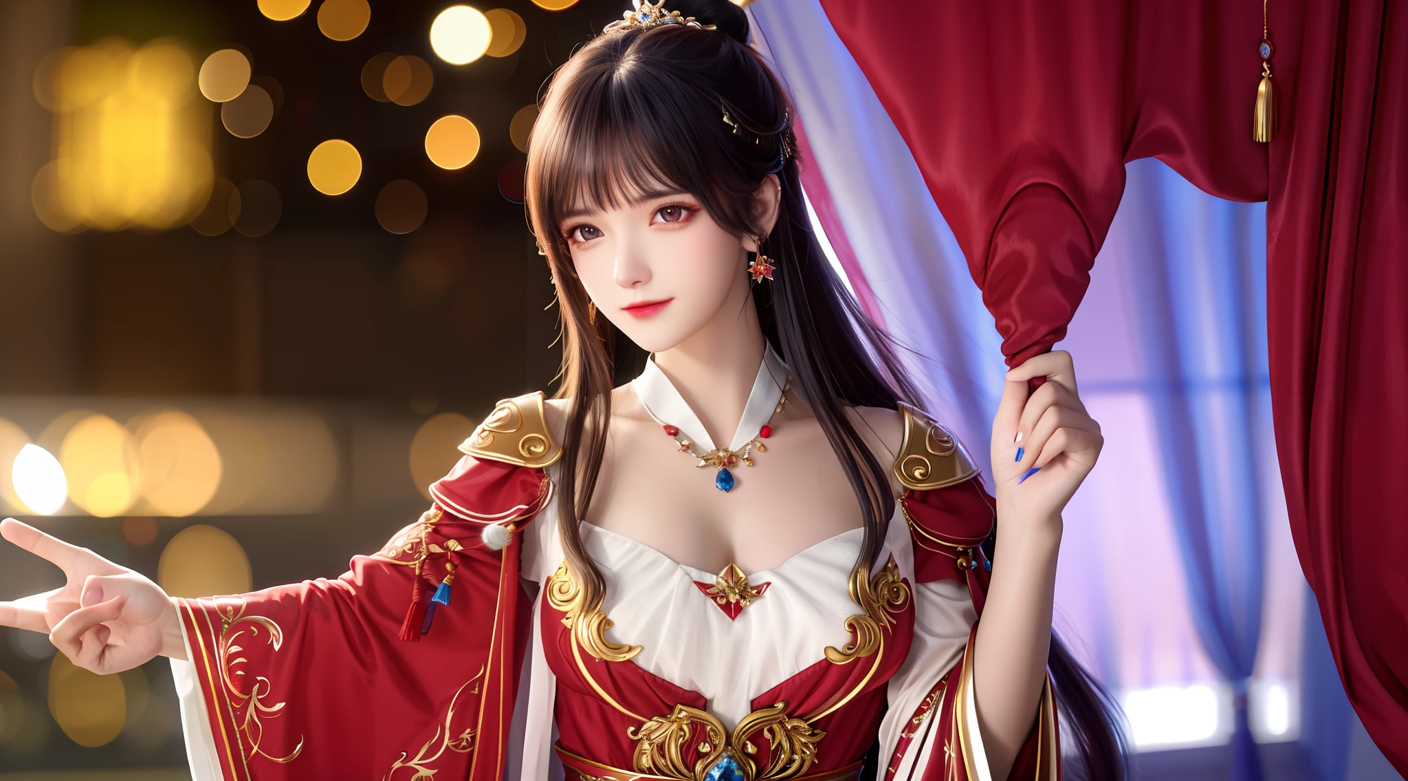 Best quality,tmasterpiece,A high resolution,CG, 2guys,1girll,1boys,relative,arma,The sword,long whitr hair,Eau,独奏,jewely,Red dress,耳Nipple Ring,hair adornments,spatter,The upper part of the body,hair-bun,brunette color hair,illuminating,Frankness,photore,Gentle movements of the right hand,A high resolution,4K,8K,Bokeh